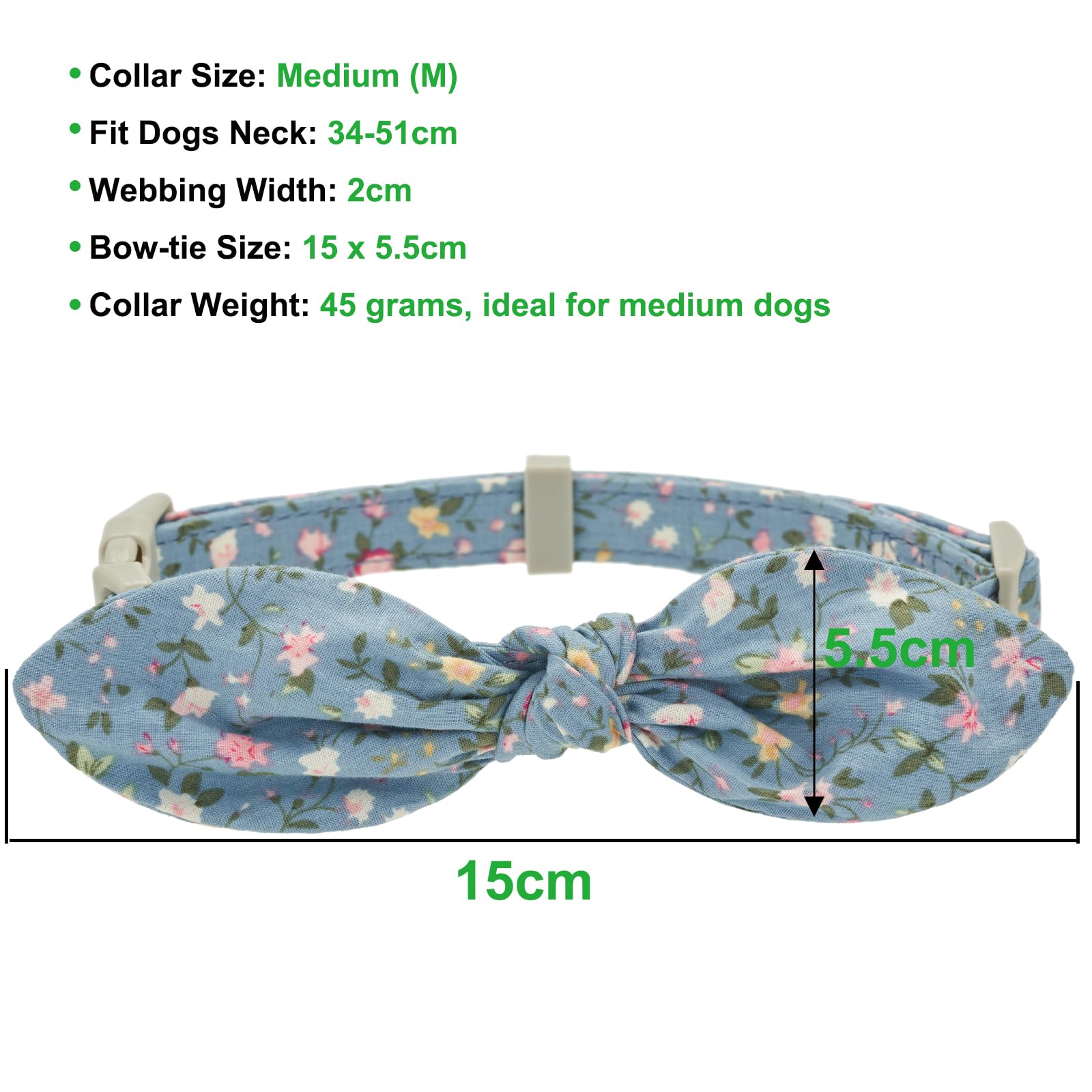 YUDOTE Cotton Dog Collar Soft Lightweight with Hand-tied Knot Bow Non-irritating for Medium Dogs Sensitive Neck 34-51cm,BlueFlora - Image 2