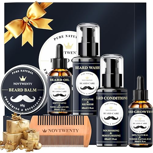Beard Growth Kit - 7 Pcs Beard Care Kit for Men, Includes Beard Wash, Beard Oil&Growth Oil, Beard Conditioner, Beard Balm, Beard Comb, Gift Box Set for Boyfriend Husband Fathers