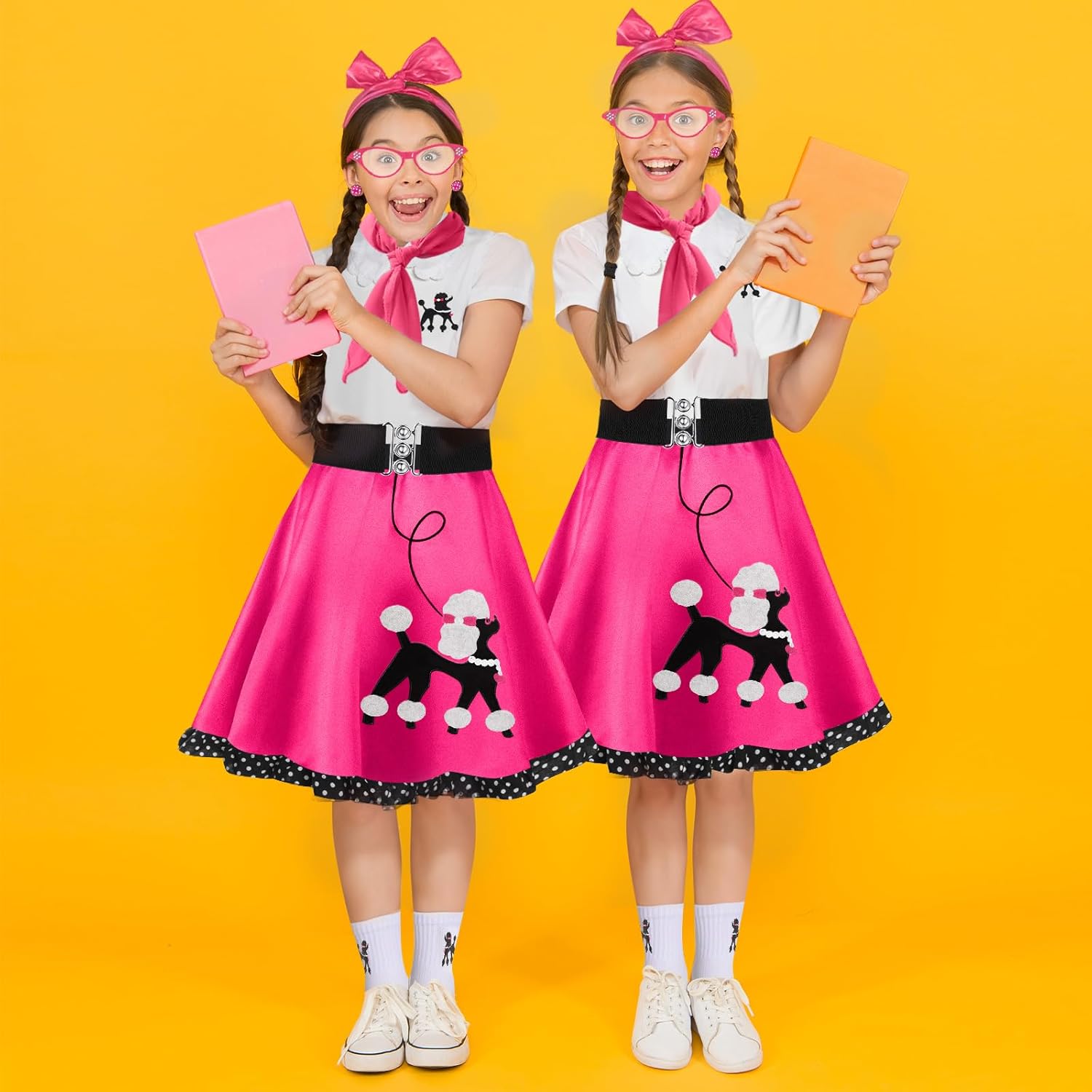 8 Pcs 50s Poodle Skirt Costume Girls Kids Sock Hop Outfit 1950s Costume Accessories Birthday Halloween Cosplay