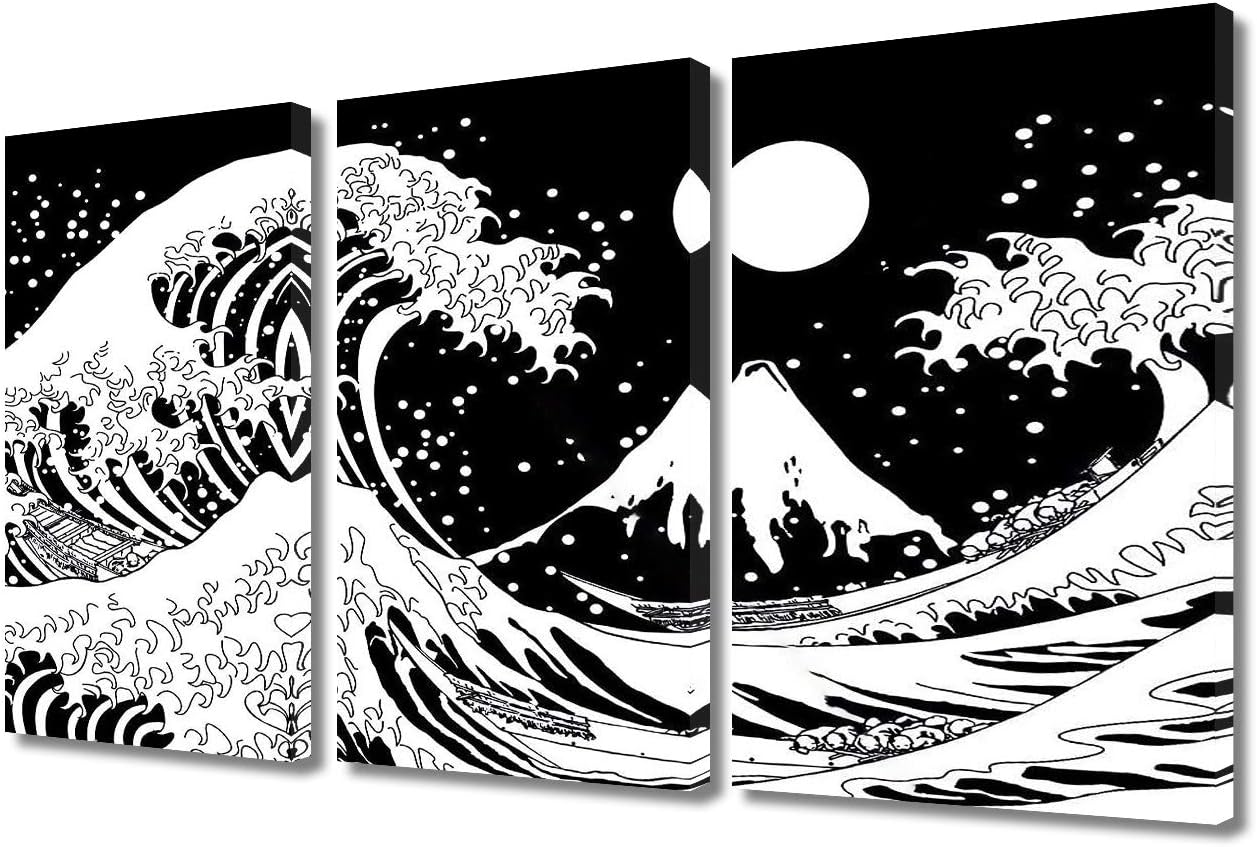 Kanagawa Great Wave Canvas Wall Art Multi Panel Black and