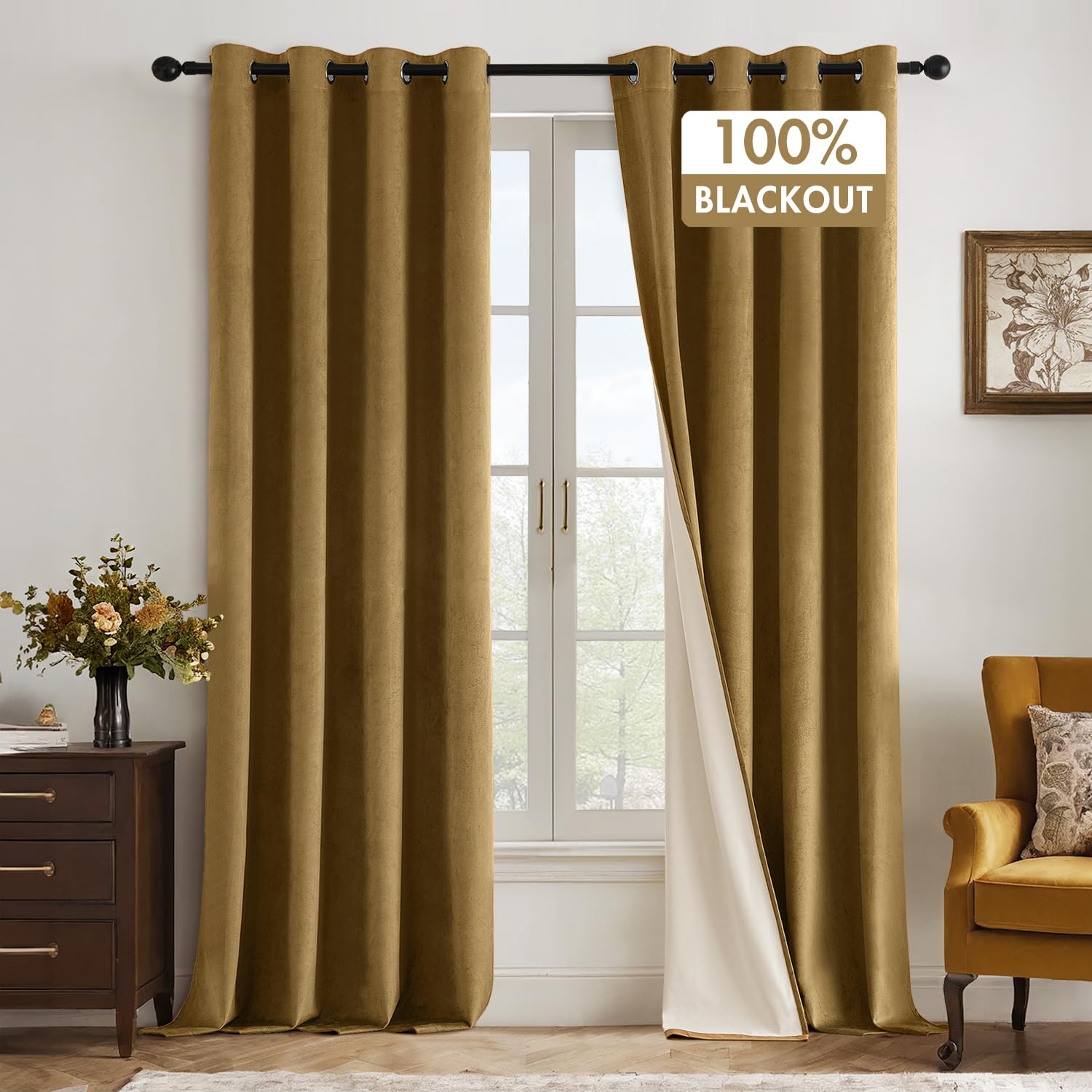 miulee upgraded thermal insulated 100% blackout velvet curtains 84 inches long gold black out curtain drapes for luxury bedroom living room darkening grommet curtains for light blocking set of 2