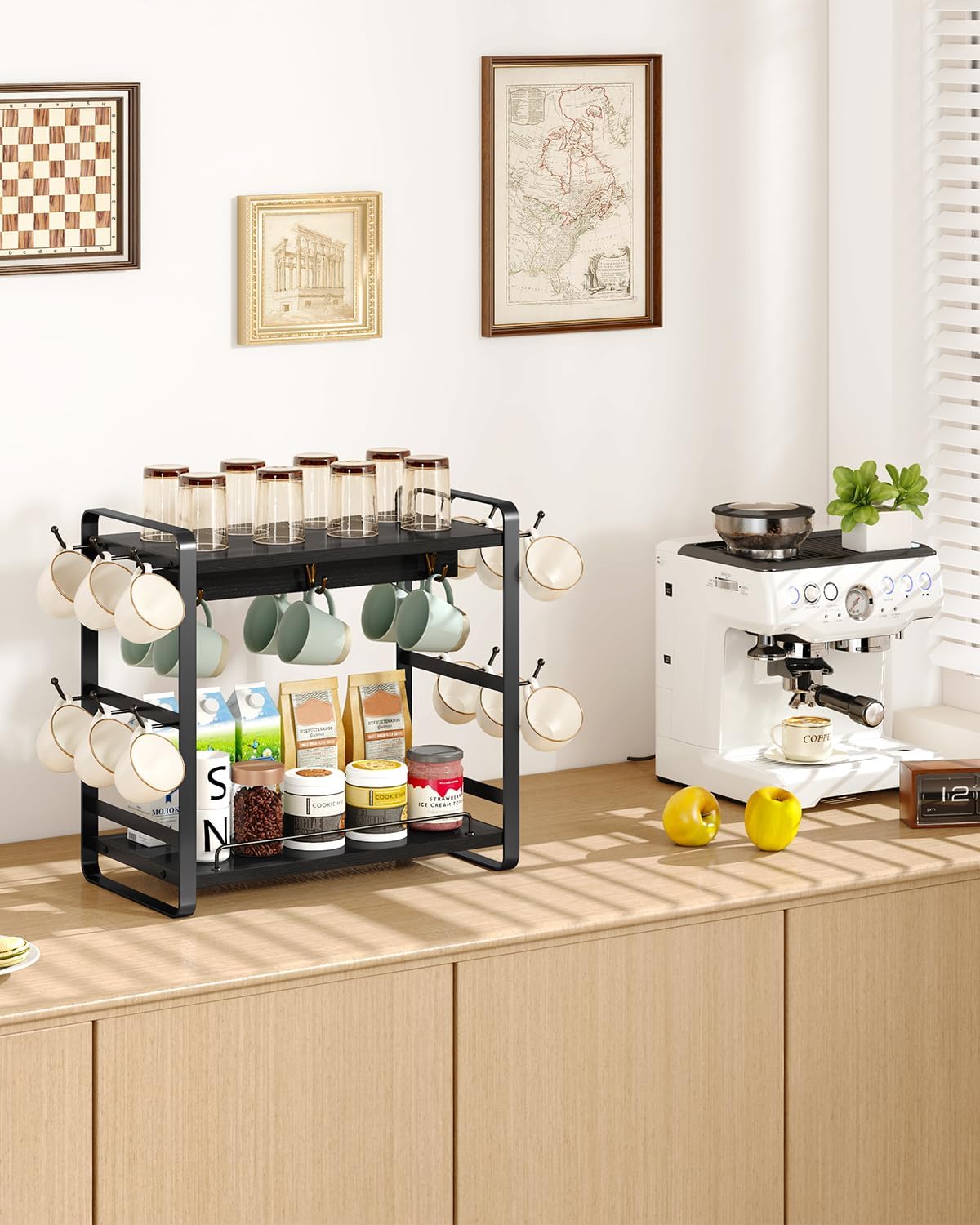 IBUYKE Coffee Bar Station Countertop Organizer,2 Tier Kitchen Mug Cup Holder Stand,Wooden Coffee Mug Organizer with 18 Hooks,Multifunctional Mug Tree for Home Kitchen, Office,Black UTBJ006B