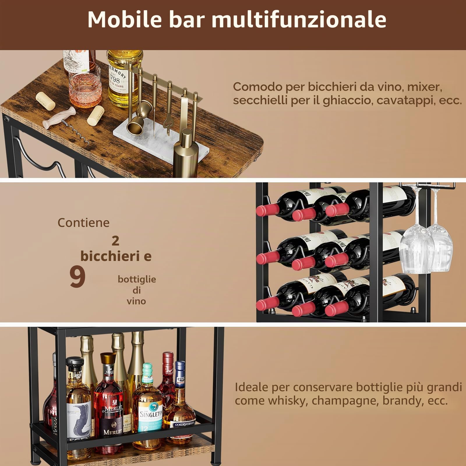 Nuovoware Portabottiglie a 3 ripiani, da appoggio, marrone e nero | con portaocchiali, espositore versatile per liquori, per casa, minibar, espositore da tavolo angolare per liquori e whisky