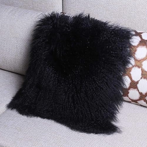 Miniatura 4 de Funda de almohada de piel de oveja mongol tibetana real, de piel de oveja mongol, súper suave, para sala de estar, dormitorio, 24 x 24 pulgadas,