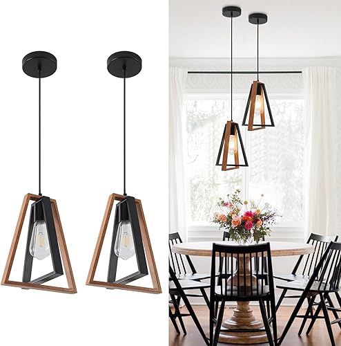 Lámpara colgante moderna de madera y negro, lámpara de techo colgante industrial, lámpara de techo colgante de granja de cocina, iluminación de isla