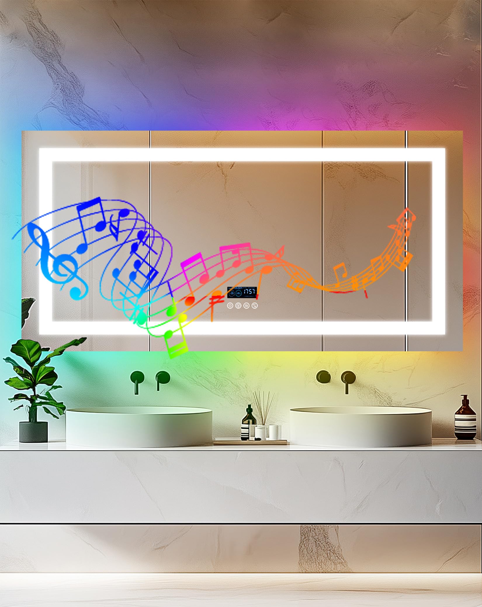LUVODI Espejo Baño Led Bluetooth 140x70 cm Espejo Pared Inteligente con Luz Frontal y Retroiluminado Rgb de Color Espelho Banho Rectangular Moderno Antivaho con Pantalla Digital Hora Fecha Temperatura