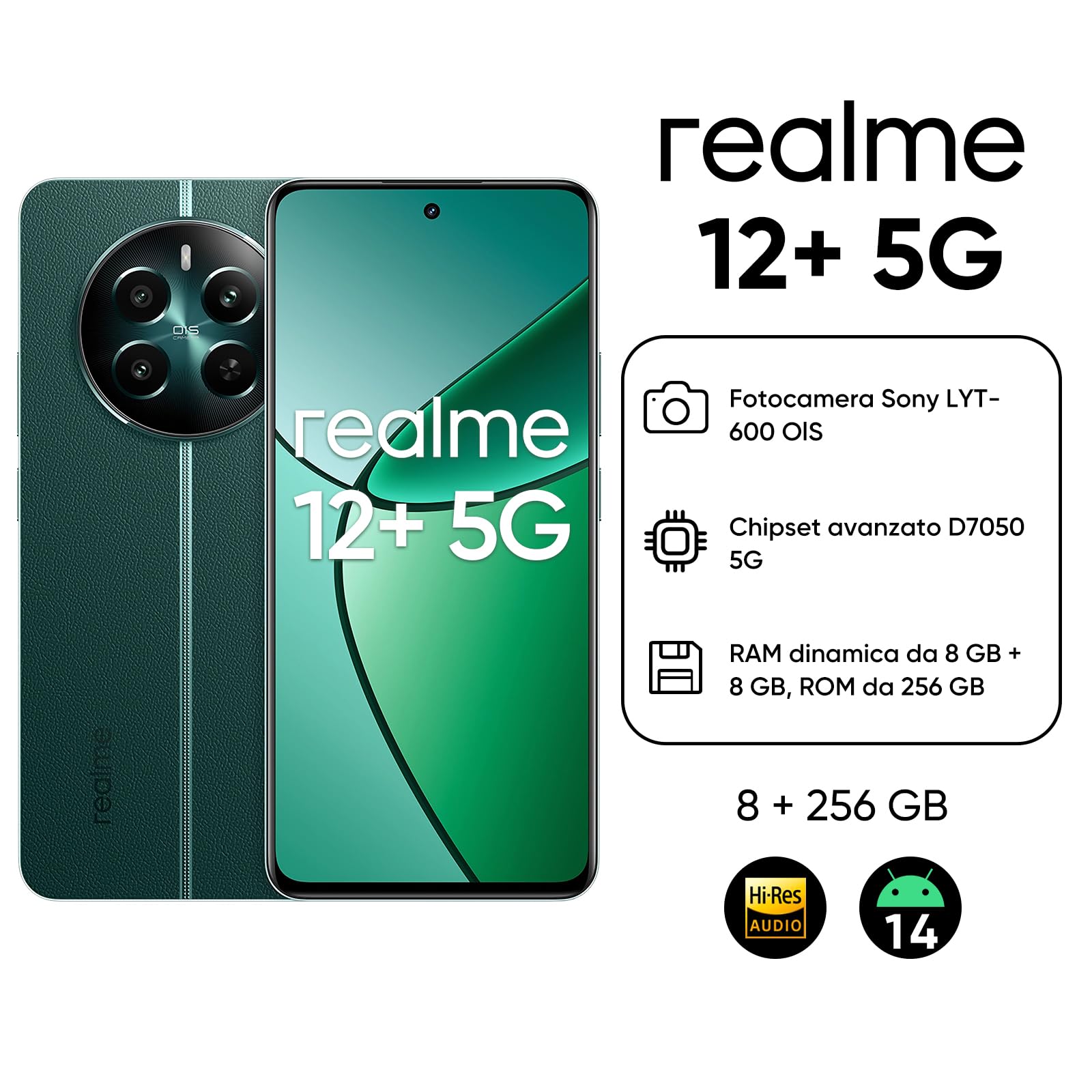realme 12+ 5G Smartphone 8+256 GB con NFC, doppia scheda SIM, Chipset Dimensity 7050 5G, Display AMOLED fino a 120 Hz, Smart Touch antipioggia, SUPERVOOC fino a 67W, Verde (senza adattatore)