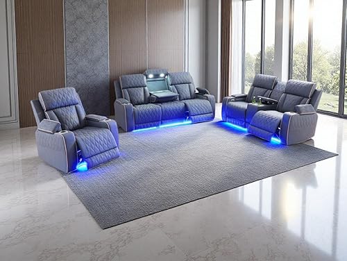 Miniatura 37 de Juego de sofá reclinable eléctrico y sofá biplaza, sofá reclinable de cuero negro con mesa desplegable, muebles de sala de estar, sofá reclinable