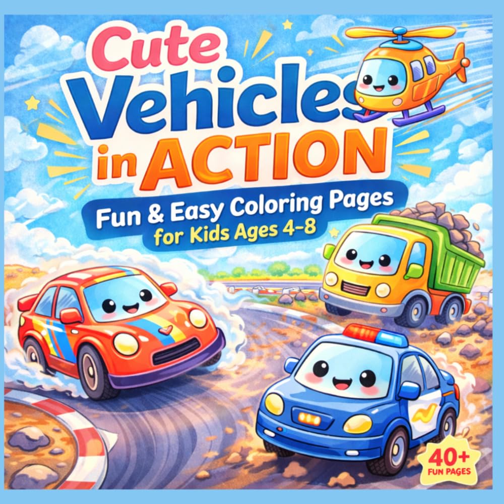 Cute Vehicles In Action: Cute Cars, Trucks & Construction Machines Coloring Book for Kids Ages 4–8