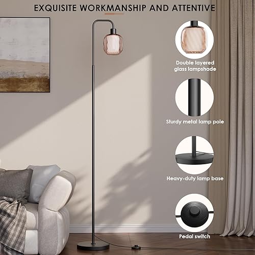 Miniatura 4 de Lámparas de pie de vidrio para sala de estar, lámpara de pie moderna con pantalla de vidrio acanalado de cerámica y dorado champán, interruptor de