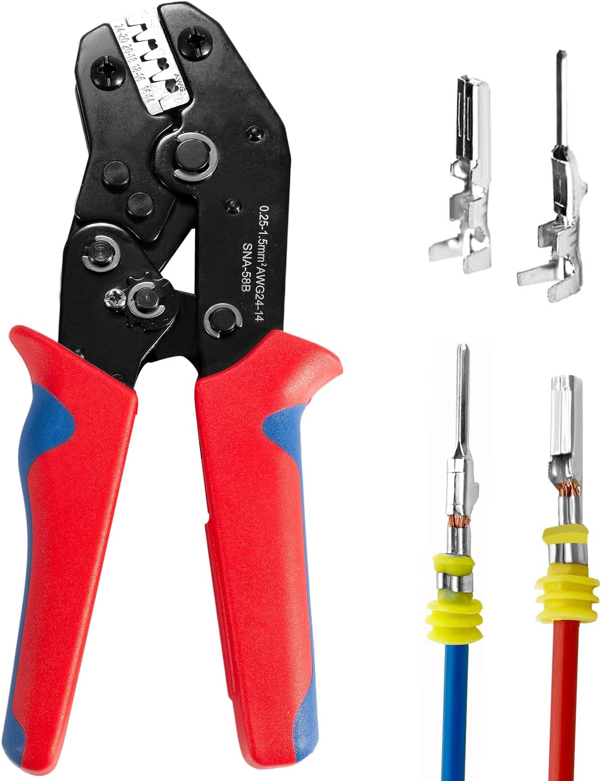 Wire Crimping Tool with Ratchet, Amliber Ratchet Wire Crimper Tool for Open Barrel Terminal Connectors, Electrical Crimping Tool for Molex Style Deutsch Delphi AMP Dupont TYCO Terminals, 24-14 AWG