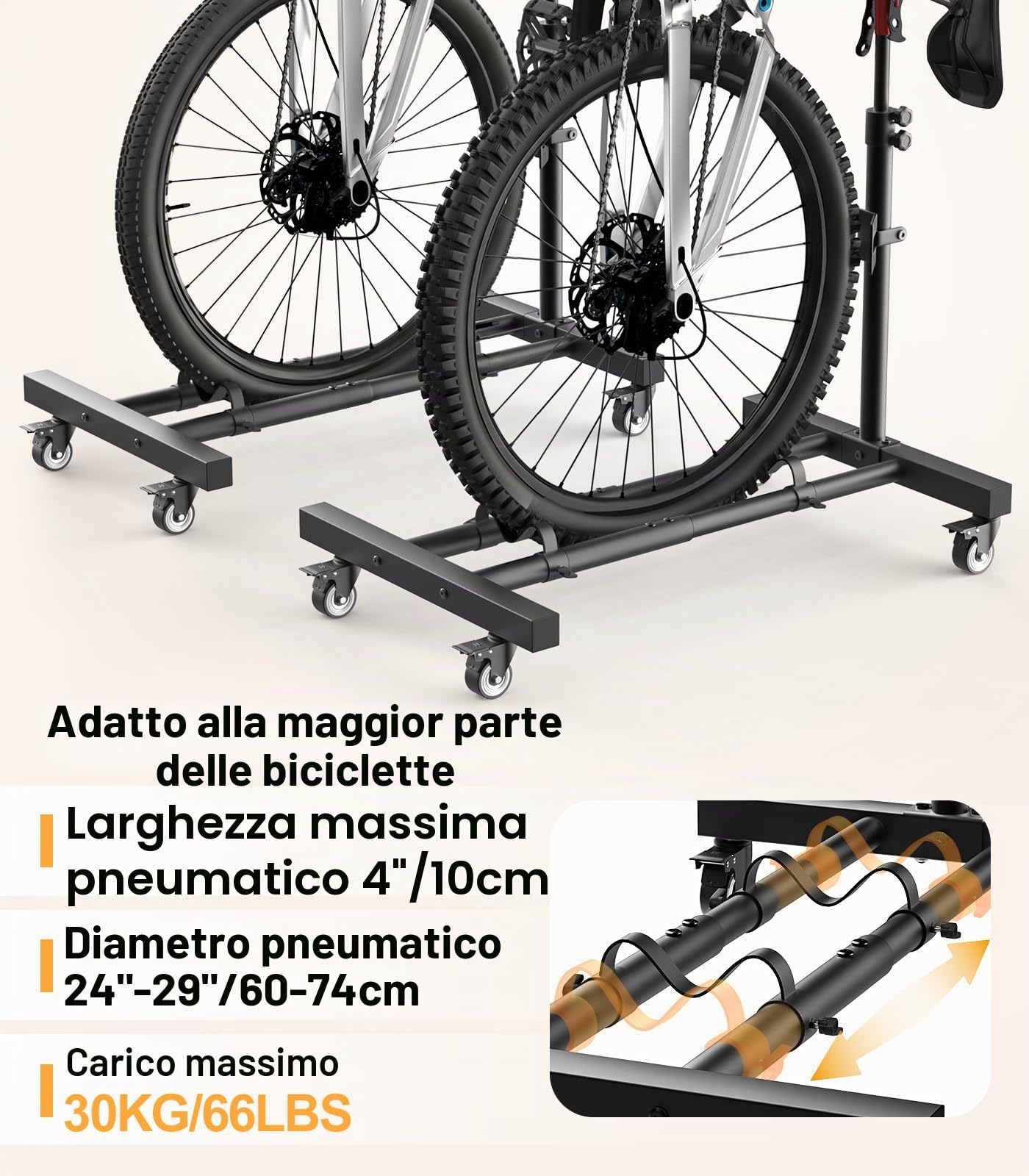 Housolution Supporto Verticale per Bici con Ruote 360°, 2 Unità | Fino a 29 Pollici, Altezza Regolabile, Senza Foratura, Resistente fino a 80 Libbre, Supporto per Garage&Appartamento, MTB