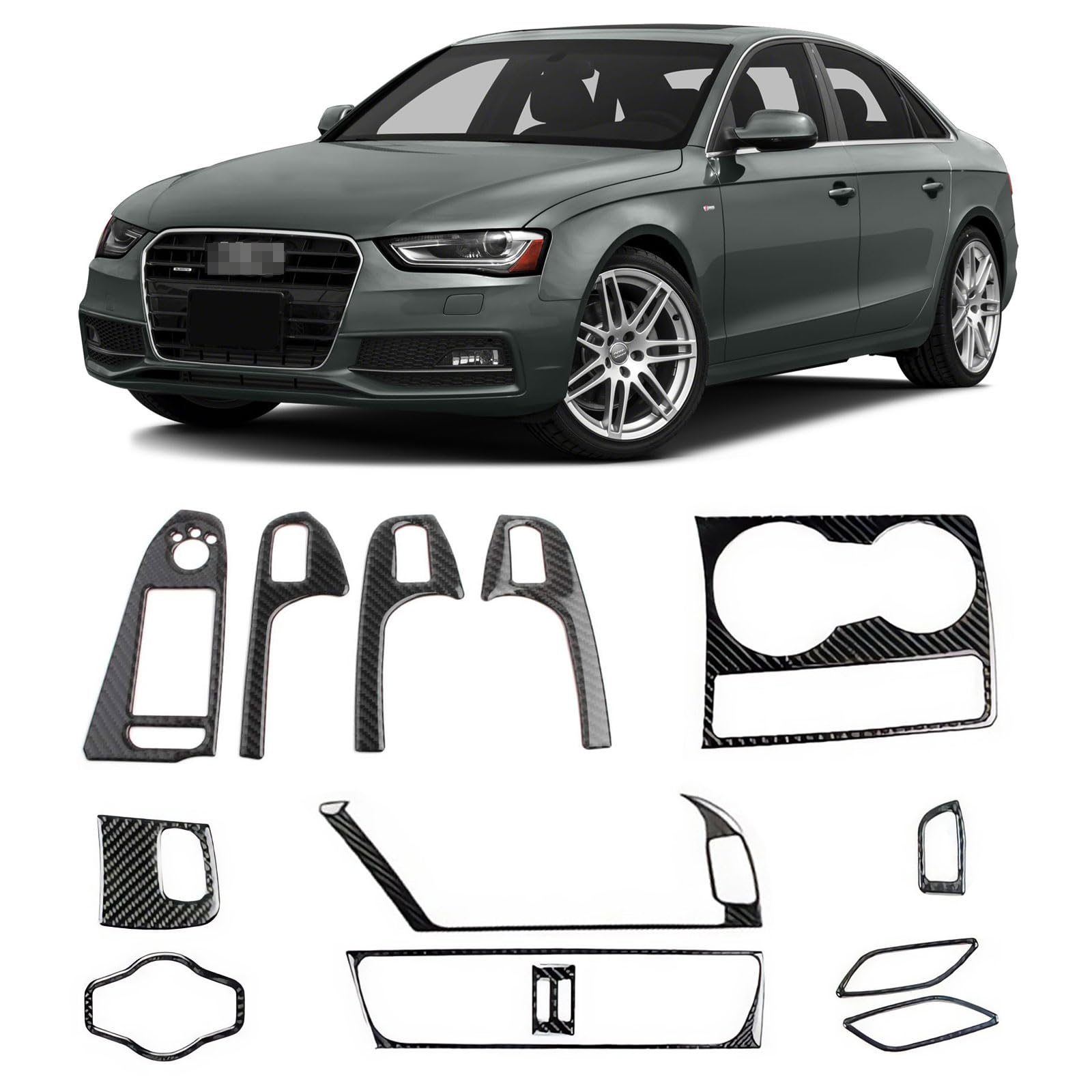 Real Carbon Fiber Interior Decor Kit Trim Cover for Audi A4 B8 2008-2016 Gear Shift Center Console Water Cup Holder Door Armrest Headlight Switch Panel Key Hole Frame Trim Sticker (13PCS)