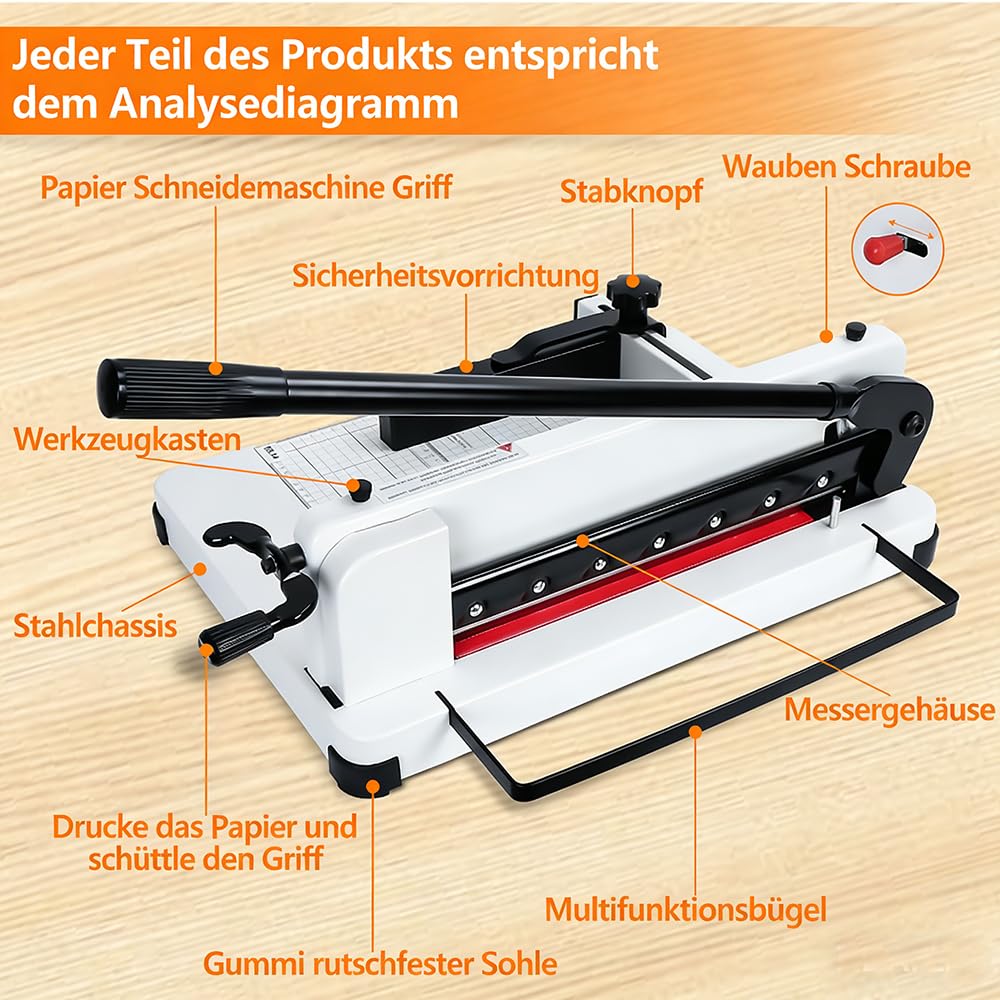 Papierschneider Industrie Guillotine Schneidemaschine (Bis 80g A4, 400 Blatt Schneidleistung), Manuell Schneidemaschine mit rutschfesten Gummifüßen,Hebelschneider für Foto, Papier, Pappe (weiß)