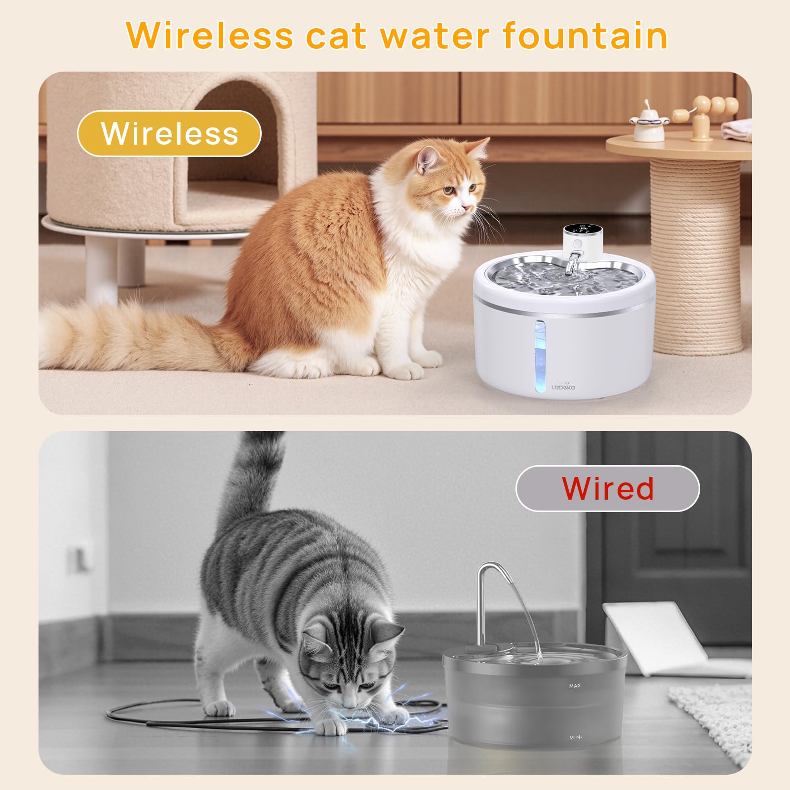 Wireless Cat Water Fountain with Stainless Steel Tray, 102oz/3L Pet Water Fountain for Cats Inside, Cat Fountain for Drinking with Motion Sensor, Ultra Quiet Pump, Cats & Dogs Gifts-8Filters - image 3