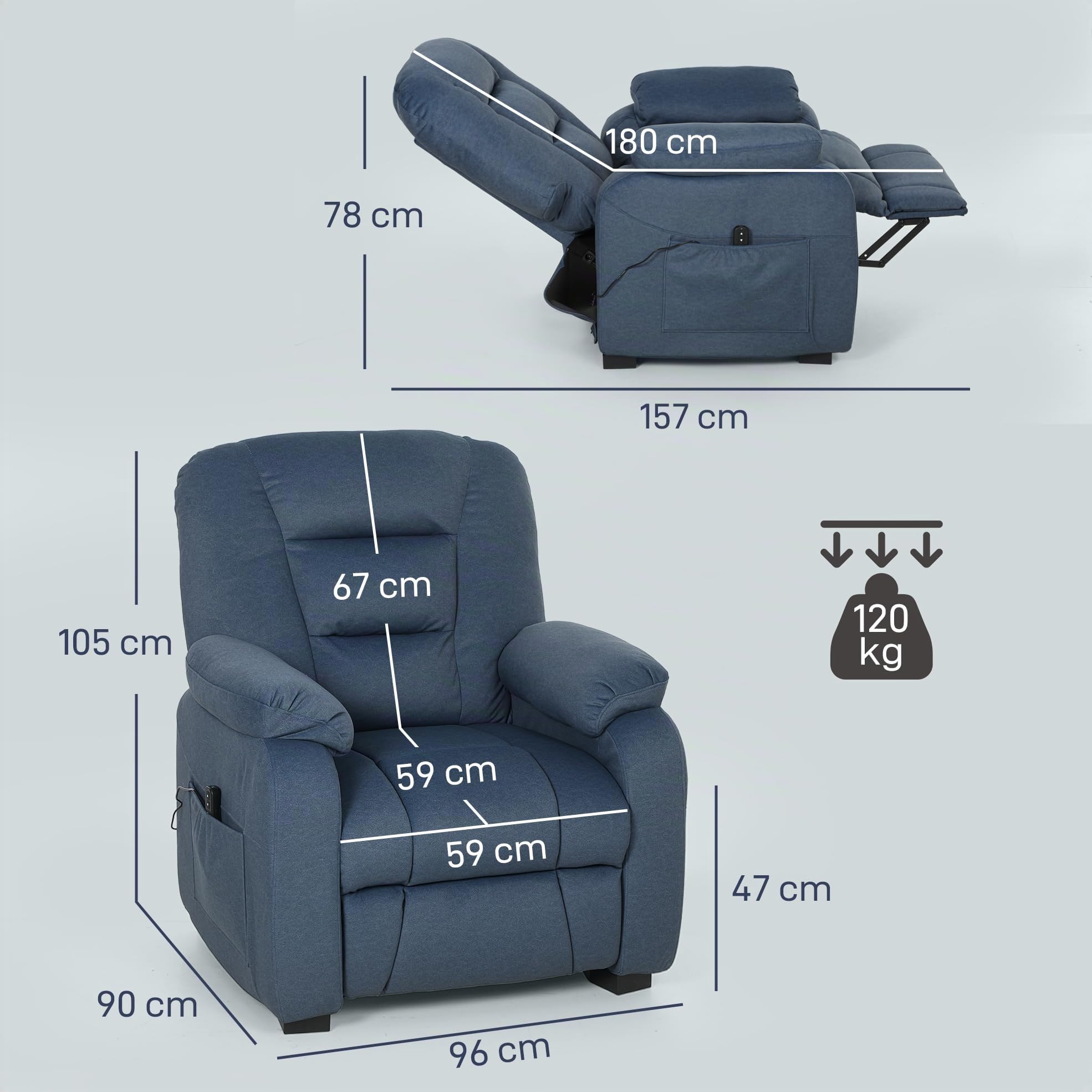 HOMCOM Sillón Relax Reclinable Eléctrico con Función Memoria Azul | Sillón Reclinable Silencioso, Reposapiés, Mando a Distancia, Puerto USB, Bolsillos Laterales, Dormitorio, Tela Terciopelo