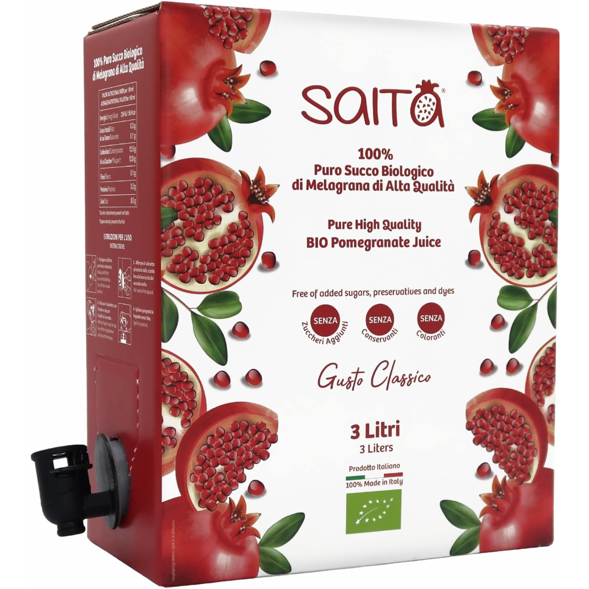 Saita Succo di Melograno 100% Puro Biologico, Succo di Frutta Senza Zuccheri Aggiunti, Vitamina C Naturale, Vegan Superfood Detox, Bag in Box 3 l, Classico, Made in Italy