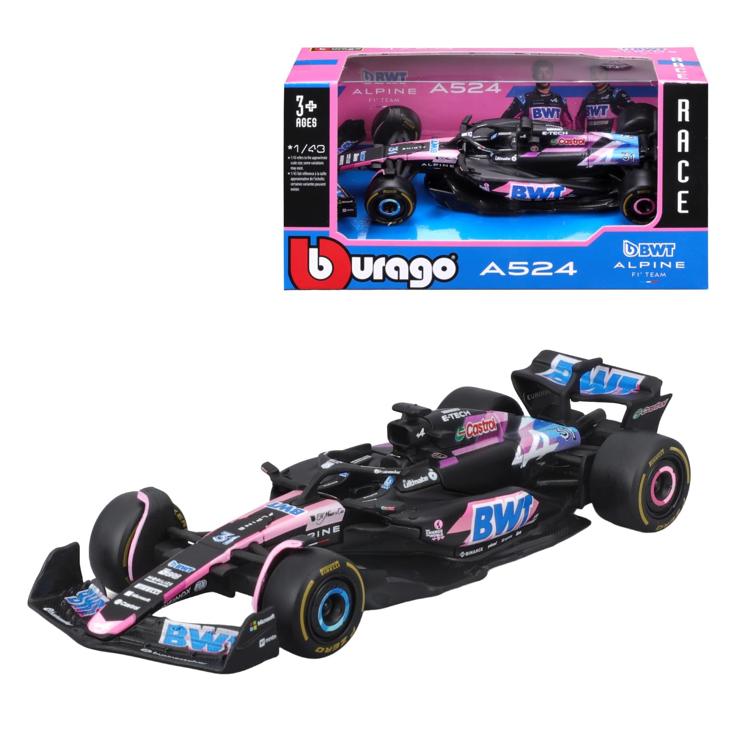 Bburago BWT Alpine A524 Esteban Ocon #31 2024, Realistic 1:43 Scale Model Car, Driven by Esteban Ocon