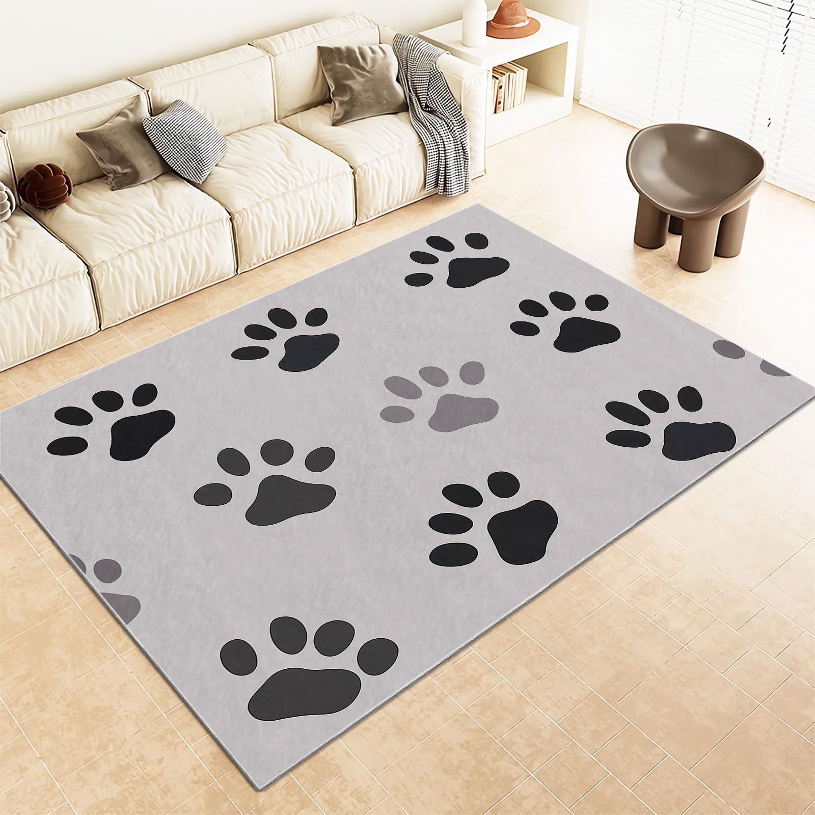 Area Rug 5x8 ft Gray Animal Dog Paw Prints Living Room Area Rug, Indoor Accent Rug, Washable Non Slip Carpet, for Bedroom Dining Room Home Office Soft