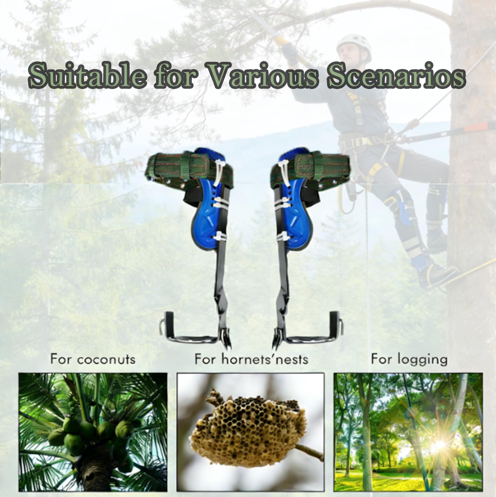 Kit Complet d’Escalade sur Arbre, Griffes d’Élagage à Double Dents Trempées, Baudrier d’Élagage Ajustable + Corde de Sécurité 3M, Crampons d’Arboriculture pour Élagage