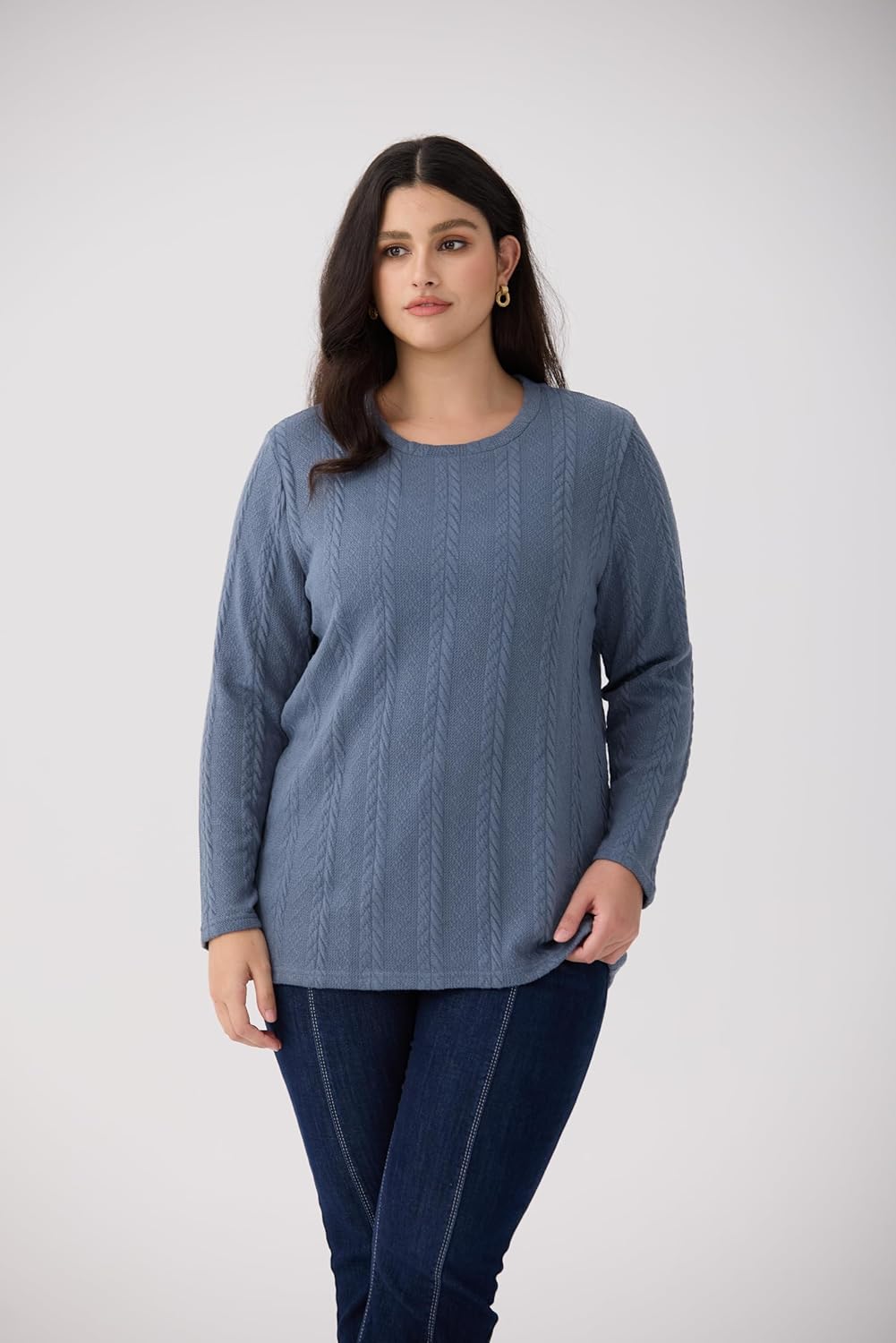 CARCOS Womens Plus Size Tops Fall Cable Knit Sweaters Long Sleeve Shirts Crewneck Lightweight Tunic Tops Winter XL-5XL - Image 3