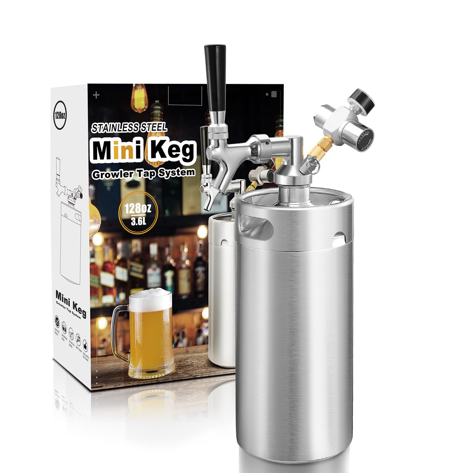 Mini-Fass-Growler, Edelstahl-Bierfass-Zapfhahn-System, tragbarer Bierspender zum Frischhalten und 55 PSI CO2-Druck, Kohlensäure, Bierzapf-System für selbstgebraut, Camping (silberfarben)