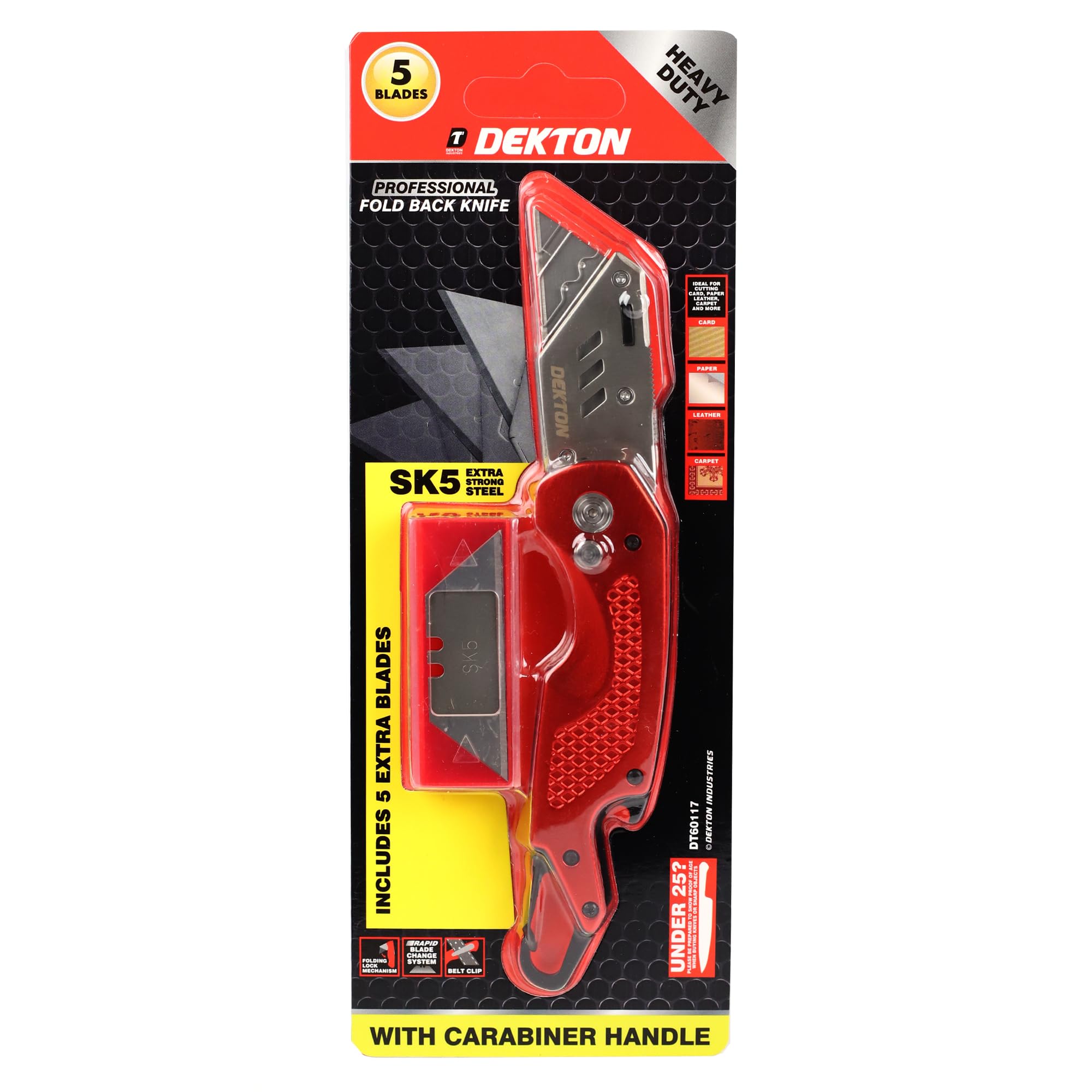 Dekton Pro Fold Back Knife with Carabiner – Compact and Durable Utility Knife | Ideal for Cutting Tasks, DIY, and Outdoors | Ergonomic Grip for Comfort and Carabiner for Convenient Carry