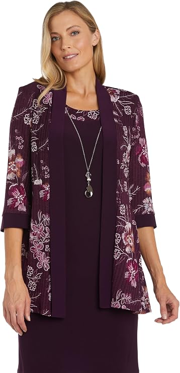 R&M Richards Women's Classic 2-Piece Printed Jacket Dress W/Removable Necklace