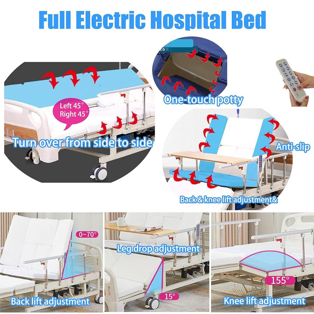 Letto ospedaliero elettrico Premium per terapia intensiva, inclinazione laterale, letto medico elettrico con materasso e asta portaflebo, tavolo da pranzo e ruote da con freno (bed)