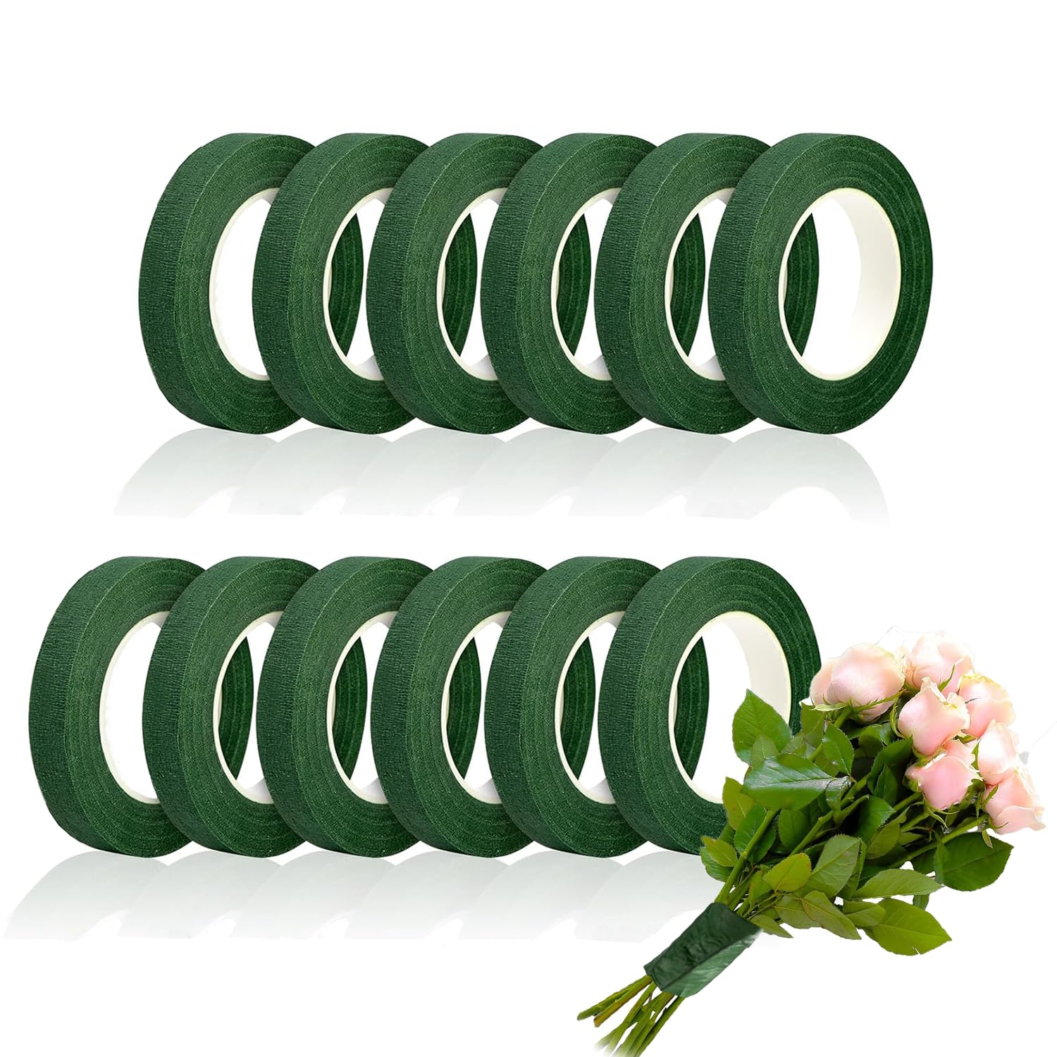 12 Rolls Floral Tape, 1/2" Wide Flower Tape Stretchable Self-Adhesive, Tearable, Non-Fading Green Floral Tape for Bouquets, Wedding Arrangements, and Crafts (30 Yards/Rolls)