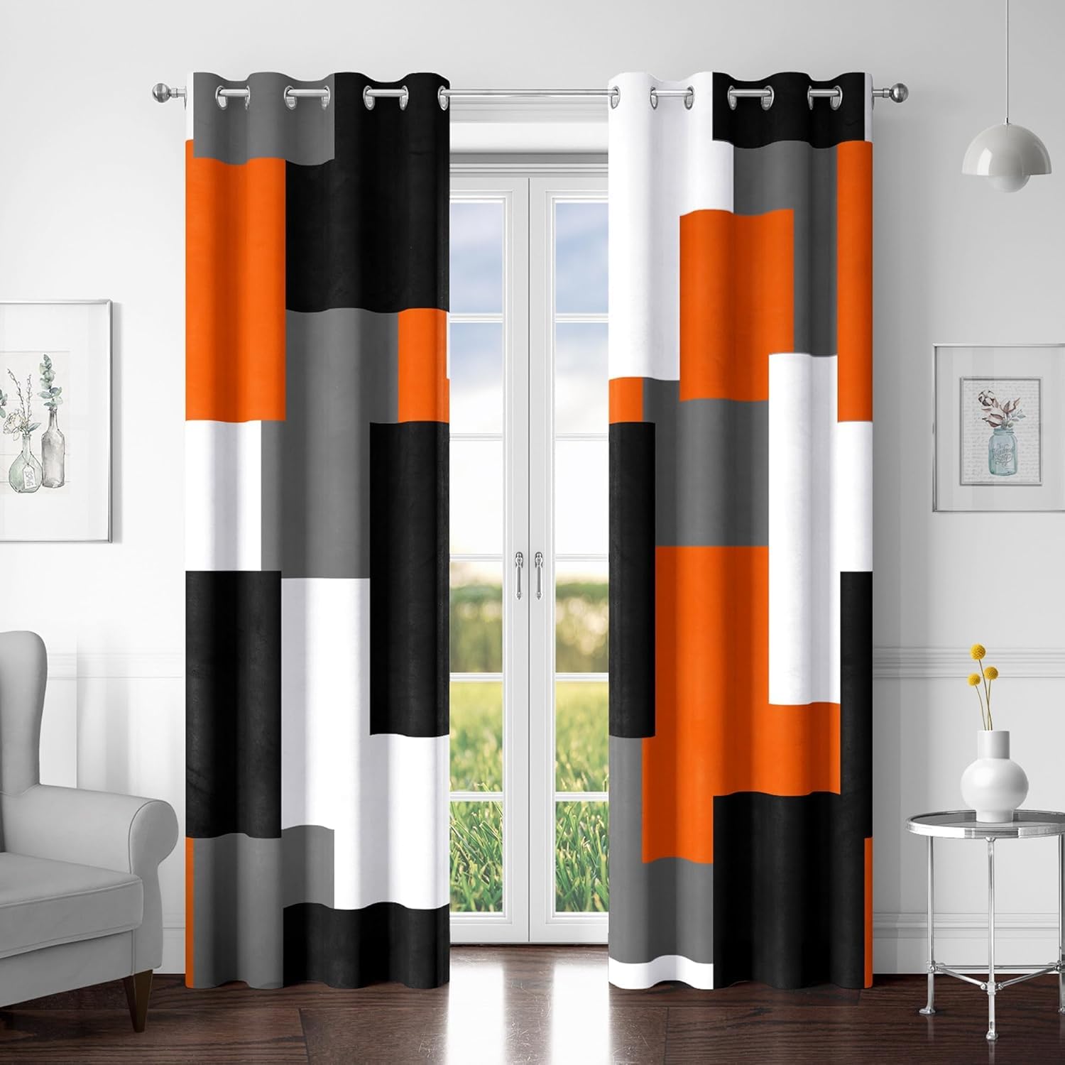 Tyrot Orange 100% Blackout Curtains for Bedroom 84 inch Length 2 Panels Set Black Grey Modern Abstract Geometric Black Out Curtains Insulated Room Darkening Window Drapes for Living Room, 52Wx84L — image 1