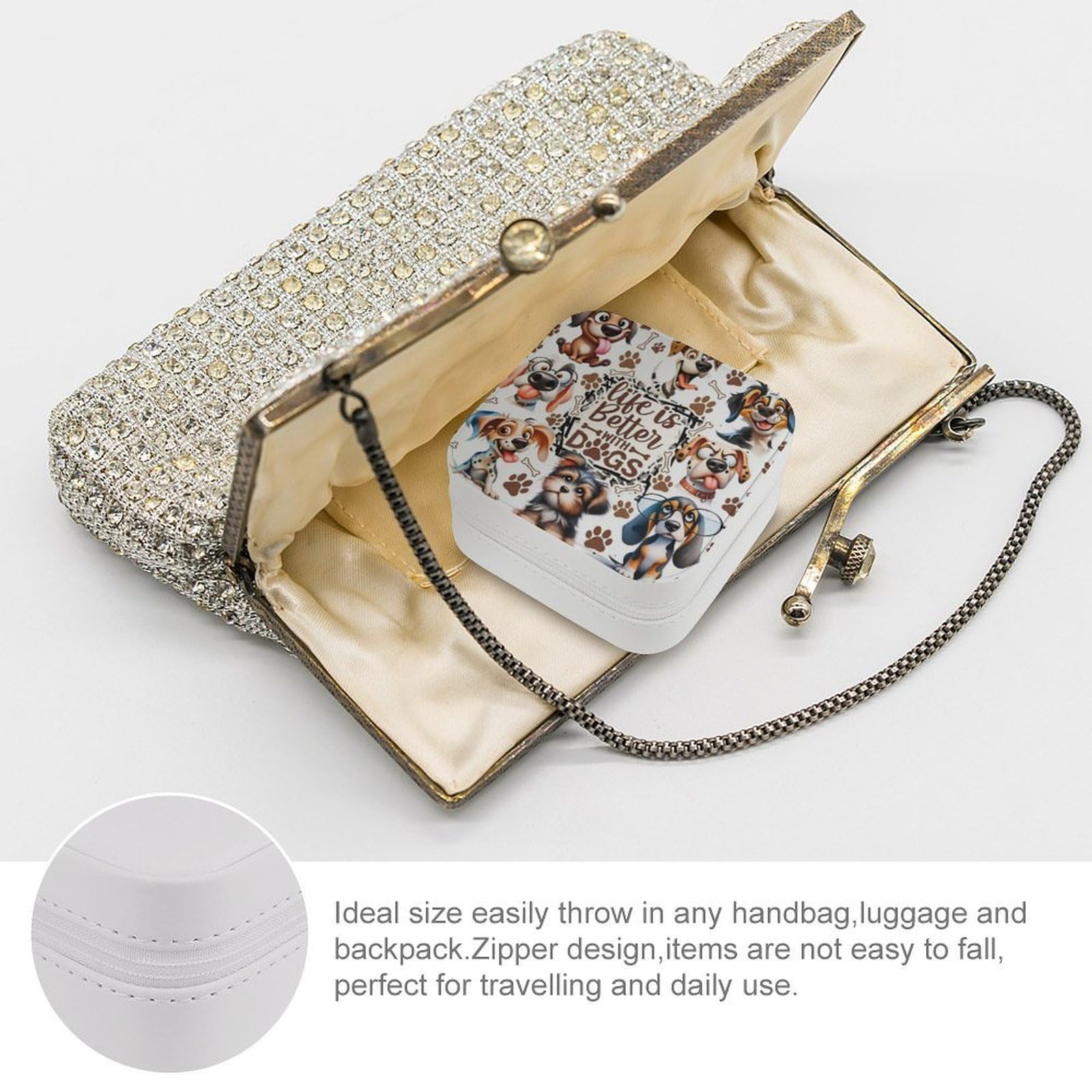 Dog Companion, Life Is Better Small Travel Jewelry Box Organizer z zamkiem błyskawicznym dla kobiet, skórzany przenośny futerał na biżuterię na pierścionek kolczyki naszyjniki bransoletka