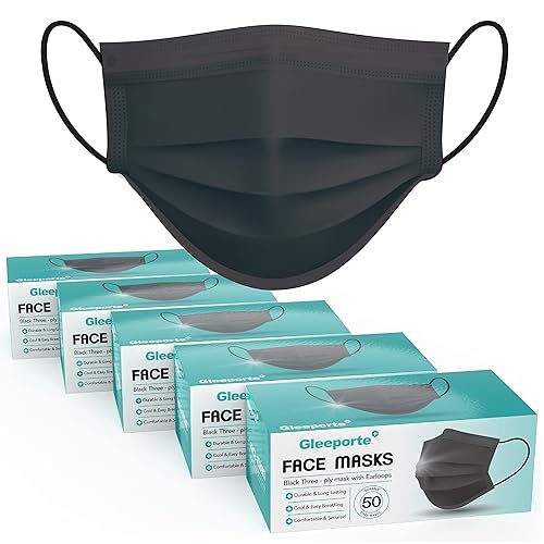 Miniatura 10 de [Paquete de 150] Cubrebocas desechables negros de 3 capas para adultos, cubierta facial con cintas elásticas para las orejas para el hogar, oficina