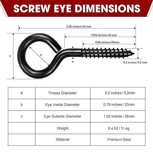 Miniatura 3 de 16 ojales de tornillo, ganchos negros de 2.56 pulgadas, tornillo autorroscante, perno de ojo resistente para cables de sujeción de madera, soporte