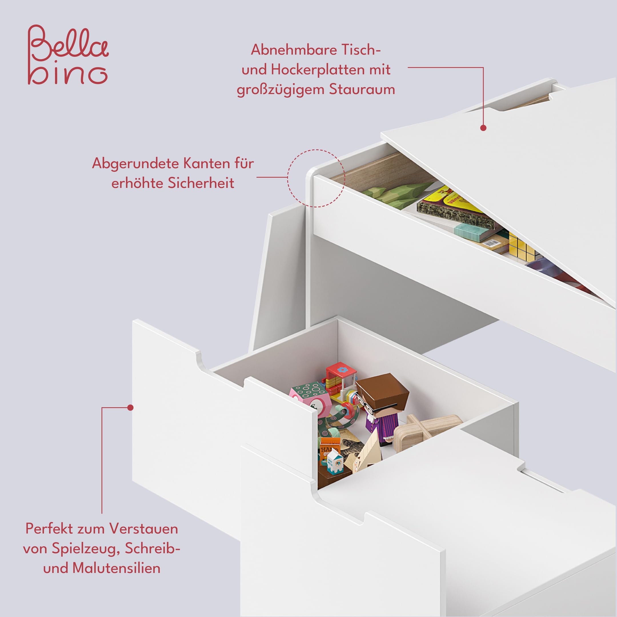 Bellabino Spieltisch Dadu mit 2 Aufbewahrungsboxen/Sitzhocker aus Holz, Kindersitzgruppe mit Stauraum weiß lackiert, Multifunktionstisch für Kinder ‎55 x 92,5 x 50 cm