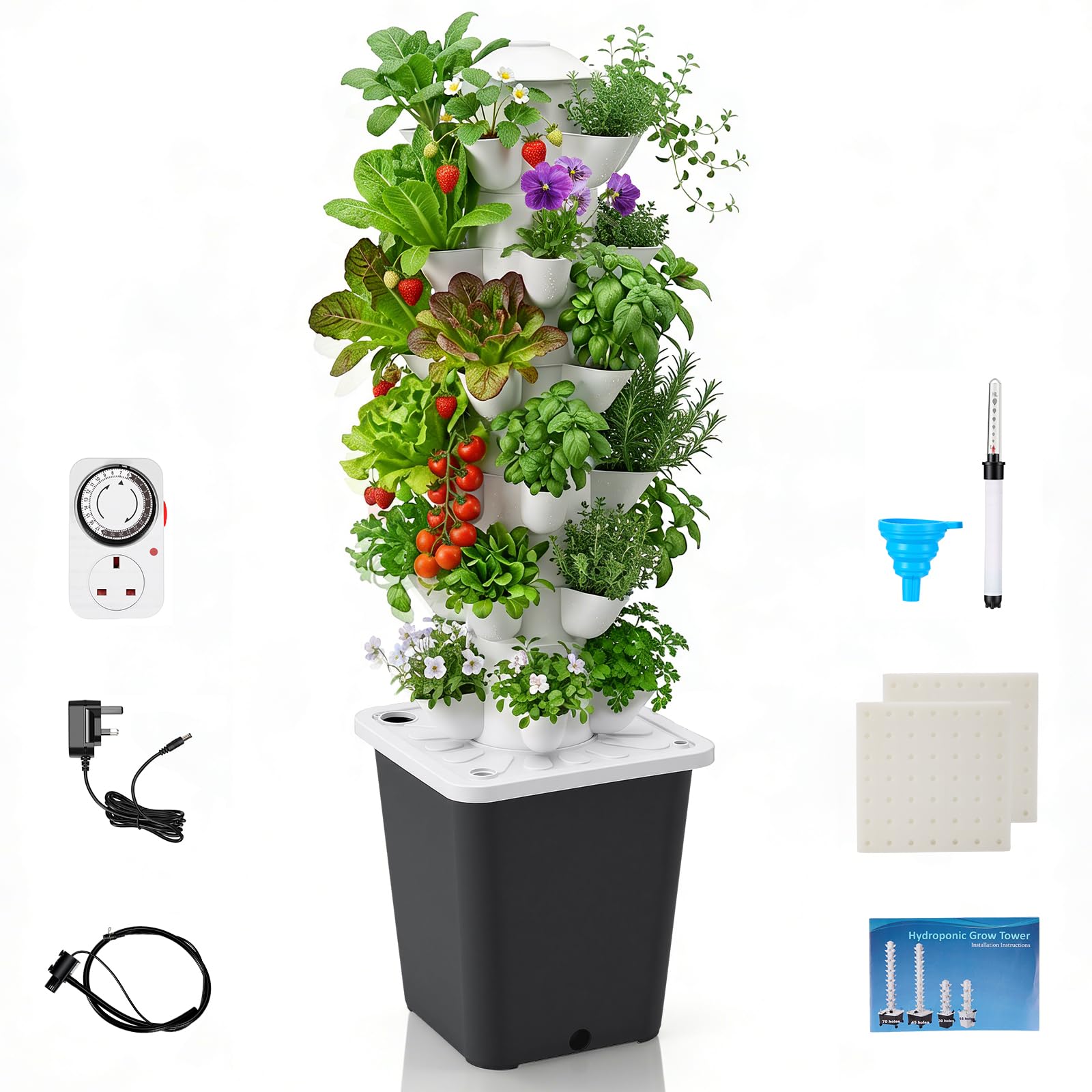 Hydroponic Growing System,6 Layers 30 Pods Hydroponics Tower with Timer,Garden Hydroponics Tower Set with 10L Water Tank and Pump,Aeroponics Growing Kit for Indoor and Outdoor Use of Plants and Herbs