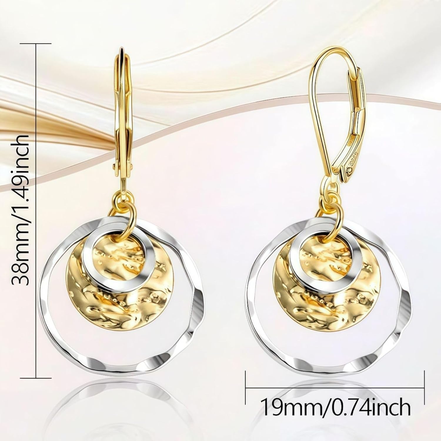 14K Gold & Sterling Silver Disc Leverback Earrings for Women Hypoallergenic Hammered Circle Drop Dangles Lightweight Gift Jewelry - Image 5