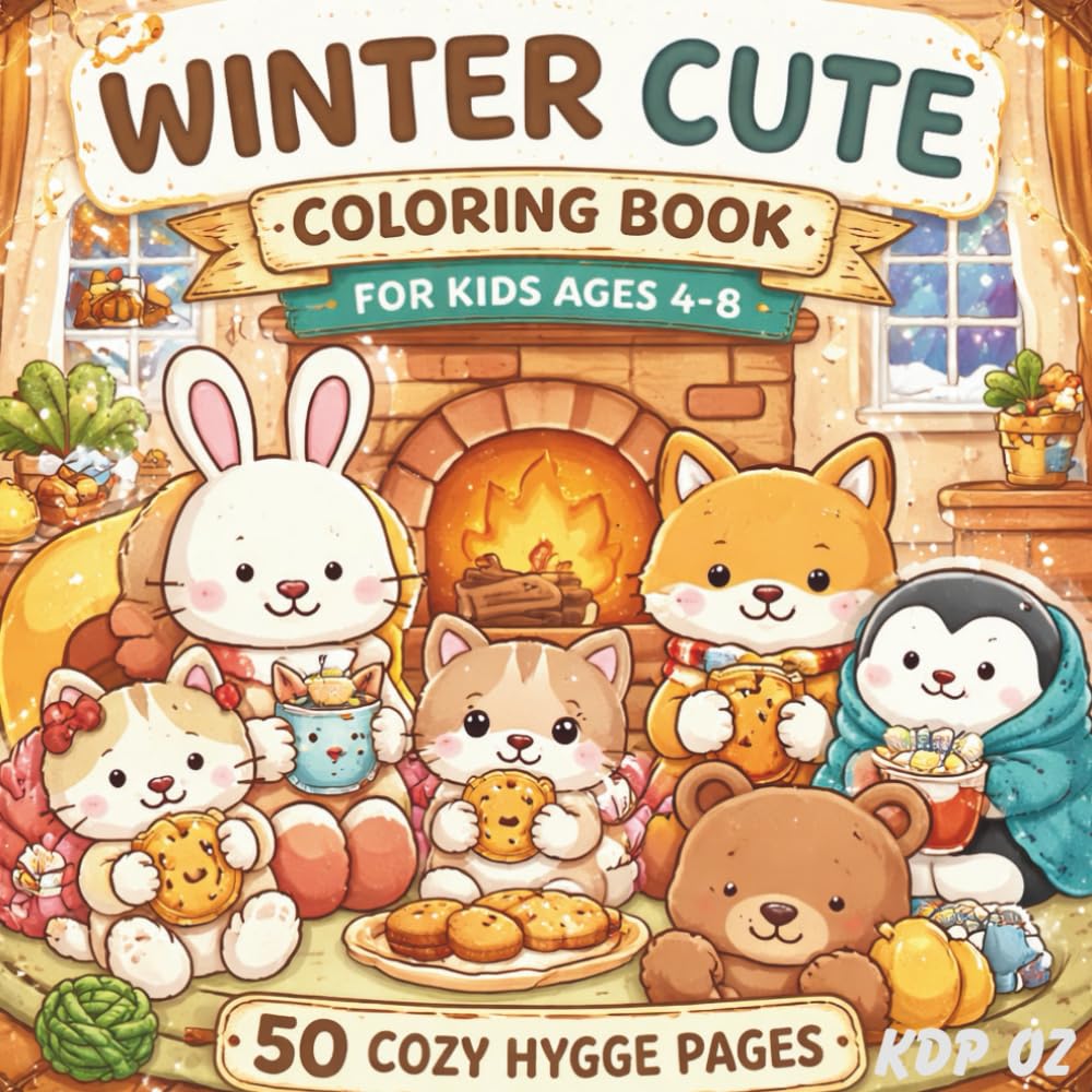 Winter Cute Coloring Book for Kids Ages 4–8: 50 Cozy Hygge Coloring Pages with Adorable Animals, Bold & Easy