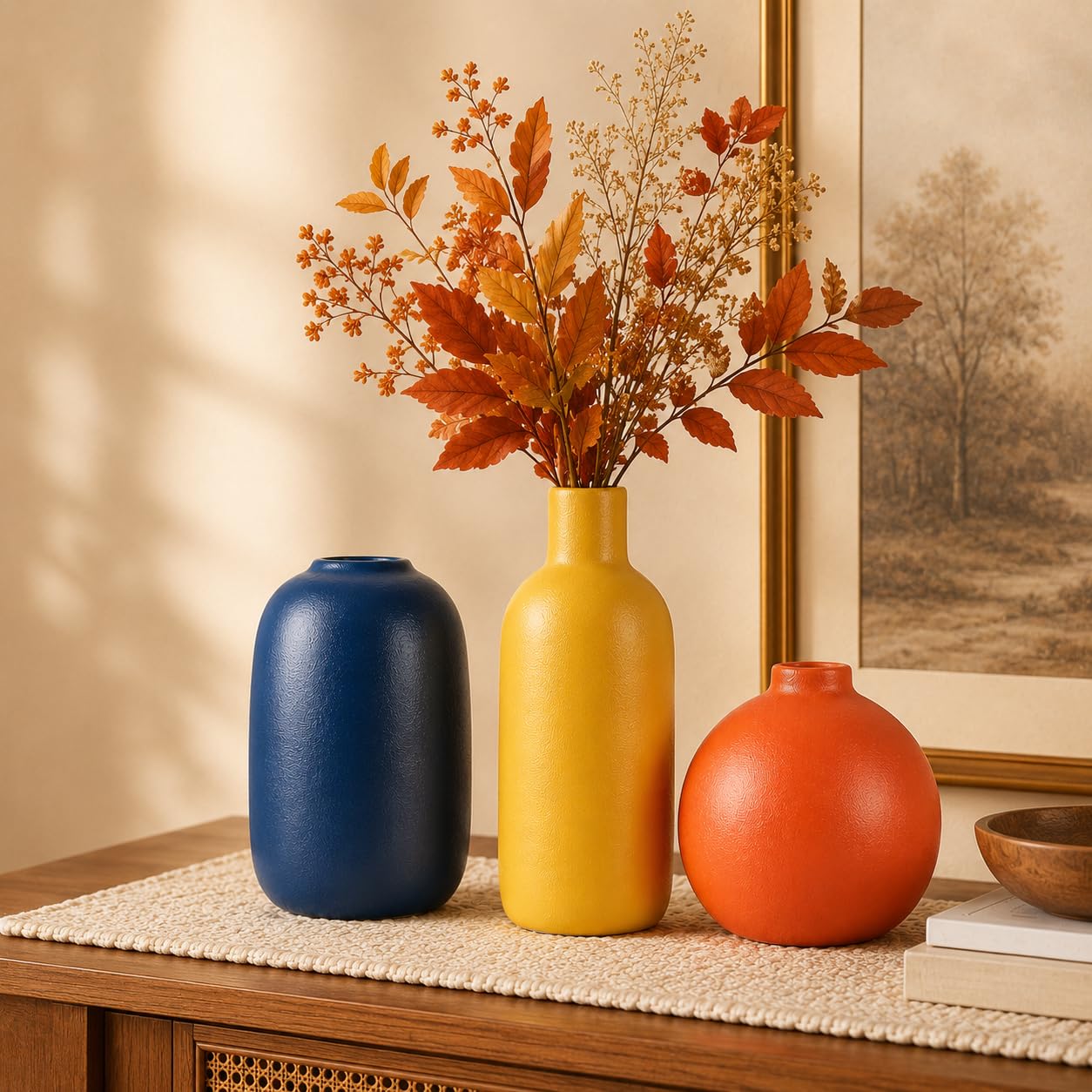 Petits vases jaune orange bleu en céramique mate pour décoration rustique chic