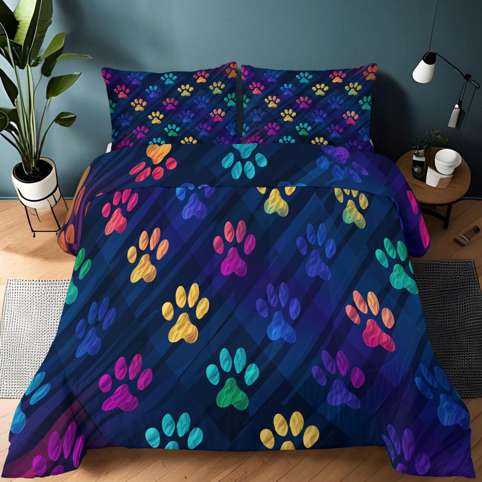 Kołdra 4 pory roku 200x200 cm - bez pokrowca, zima i gorące lato, zmywalne, hipoalergiczne - Nowoczesna minimalistyczna pościel ze śladami łapy psa, ciemnoniebieski