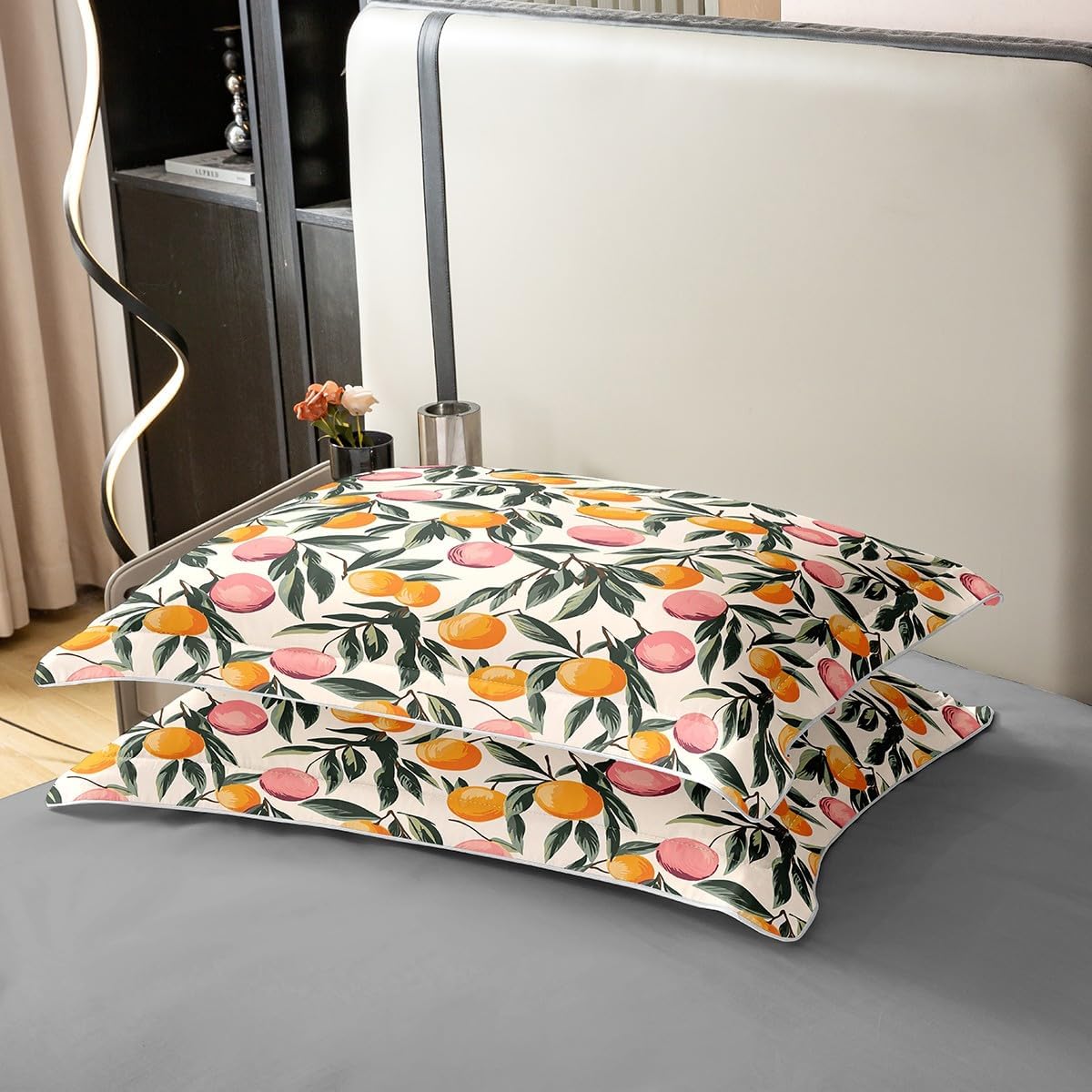 Erosebridal Orange 100% Cotton Duvet Cover Twin Size Peach Bedding Set for Kids Boys Girls Fruit Food Plants Theme Green Leaves Comforter Cover Hand Drawn Oil Print Retro Bedclothes