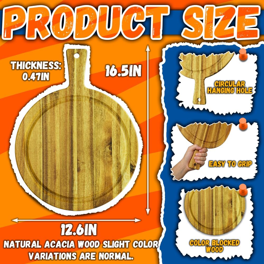 Large Round Acacia Wood Cutting Board with Handle, 15.7" Cutting Board for Meat, Cheese and Bread, Durable Cutting Boards for Kitchen and Charcuterie Boards, Natural Wooden Trays (10Pcs)