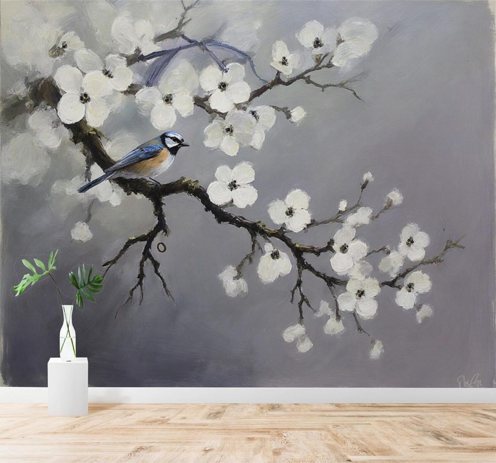 XLMING Hand Drawn Blue Bird White Flowers Branches Soft Grey 3D Wallpaper Premium Textured Silk Study Dining Living Room Bedroom Sofa TV Wall Easy Install-250cm×170cm