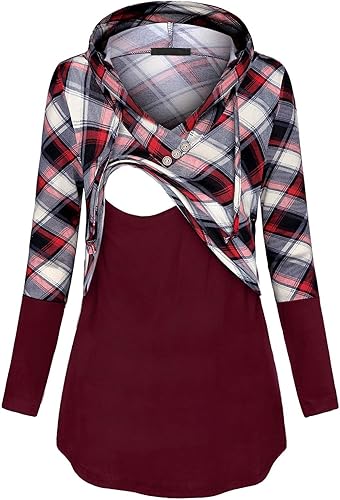 QUINEE sudadera con capucha para mujer de manga larga a cuadros, bloque de color