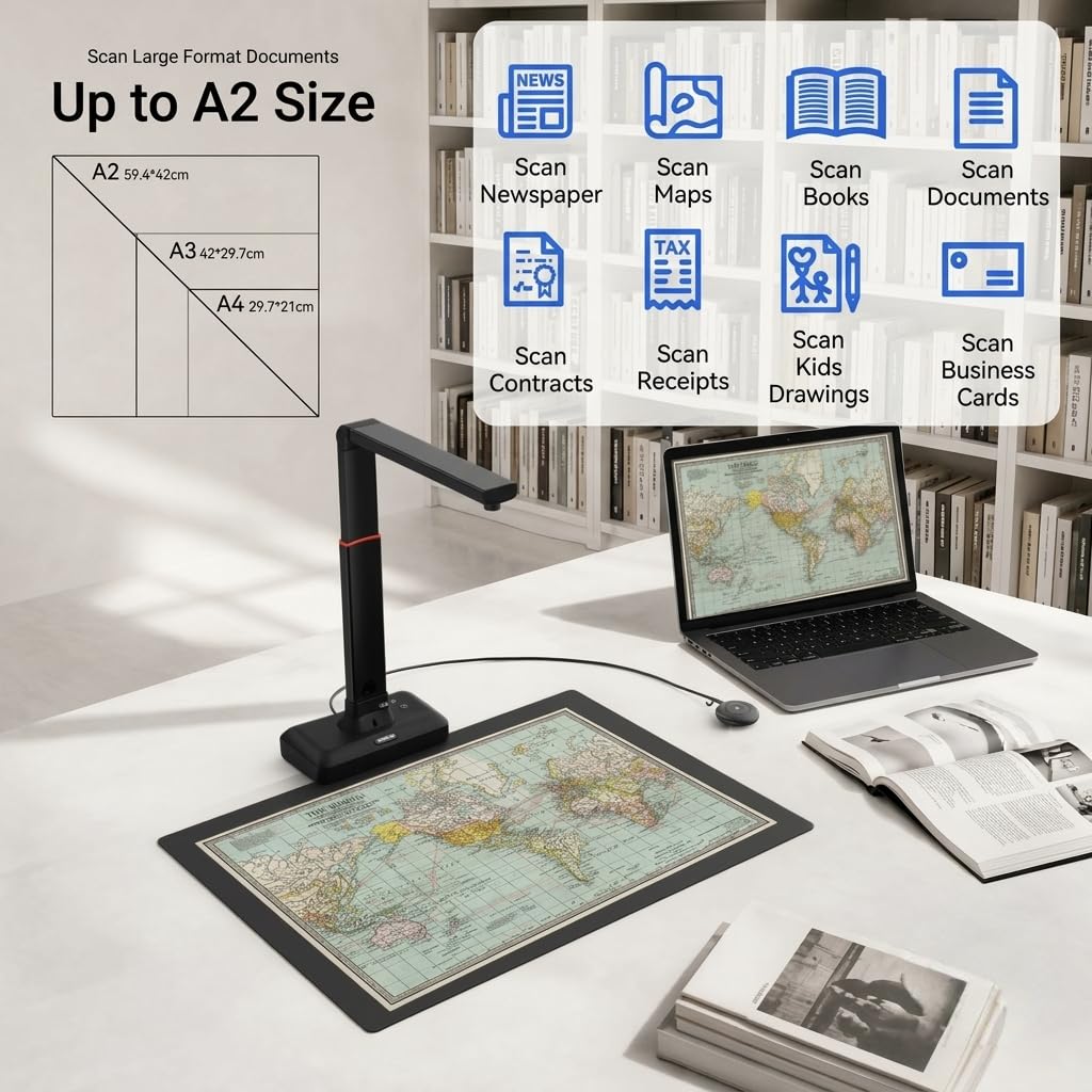 Document Camera & Book Scanner, DB8401 16MP USB Document Camera & Scanner for Classroom/Office, with Auto Focus, OCR & Text‑to‑Speech, Portable Document Scanner & Book Camera, for Windows/macOS view 3