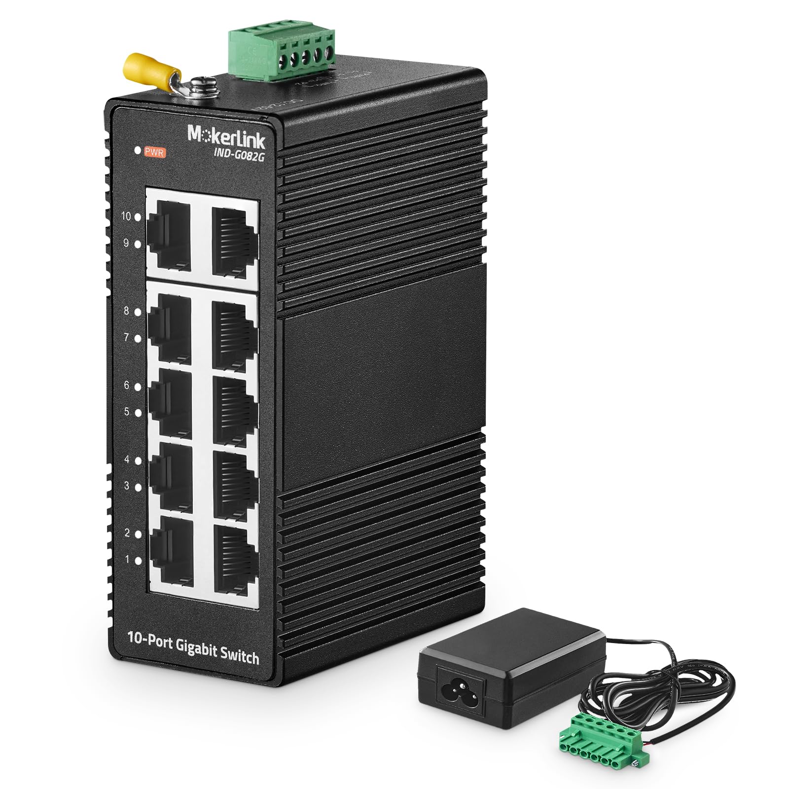 MokerLink 10 Port Gigabit Industrial DIN-Rail Ethernet Switch, Unmanaged IP40 Netzwerk-Switch (-40 bis 185°F), Mini-Format, mit Netzteil