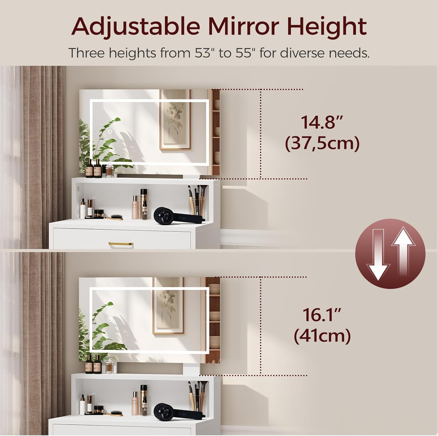 White Makeup Vanity Desk with Mirror and Lights, Vanity Table and Stool Set, Modern Ample Storage Dressing Table with Power Outlet and Drawer, 2 AC Outlets, 2 USB Ports, for Bedroom