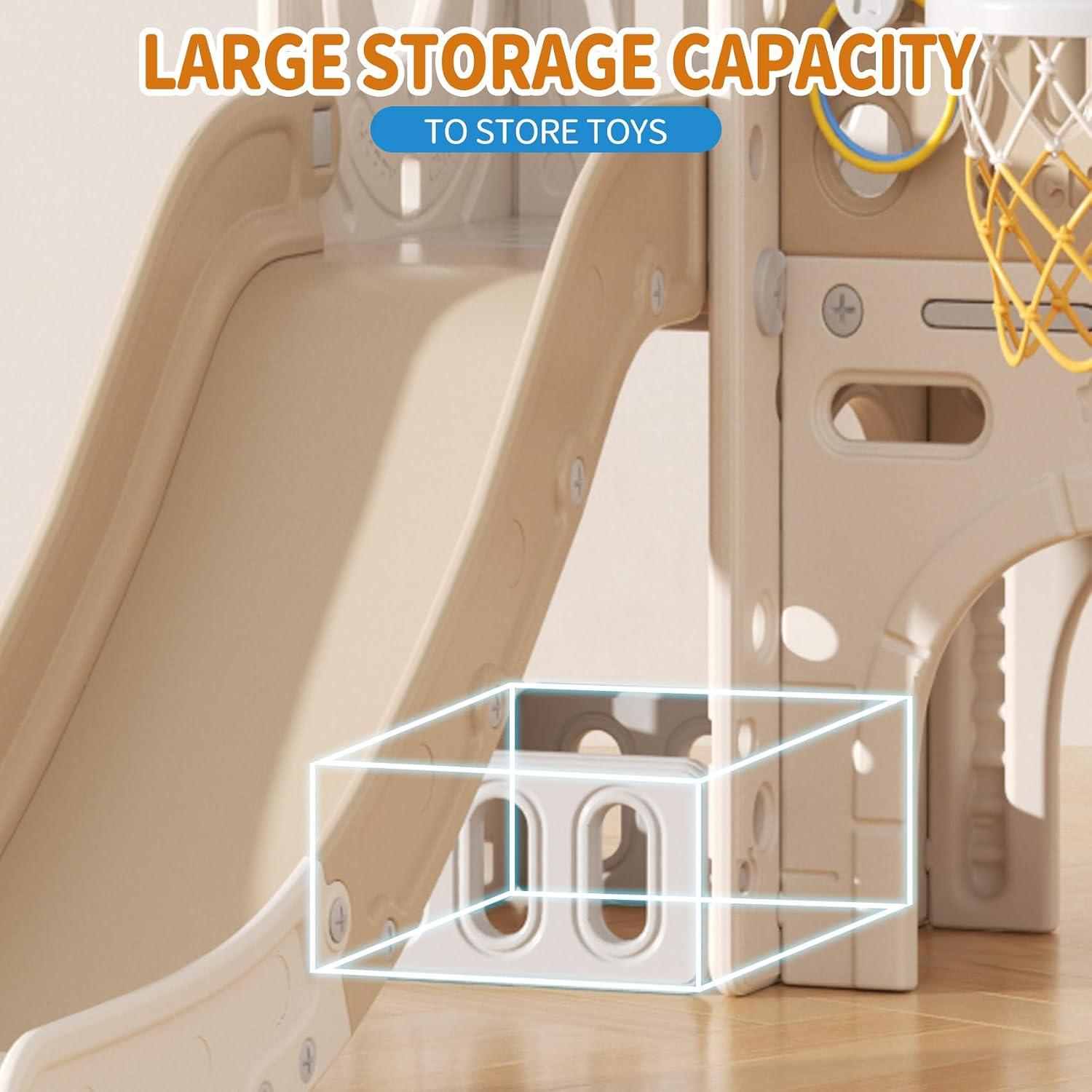 UNICOO Kids Slide Playset, Toddlers Playground, Kids Playhouse with Slide, Tunnel, Basketball, Climber and Storage Space (Playhouse White + Coffee)