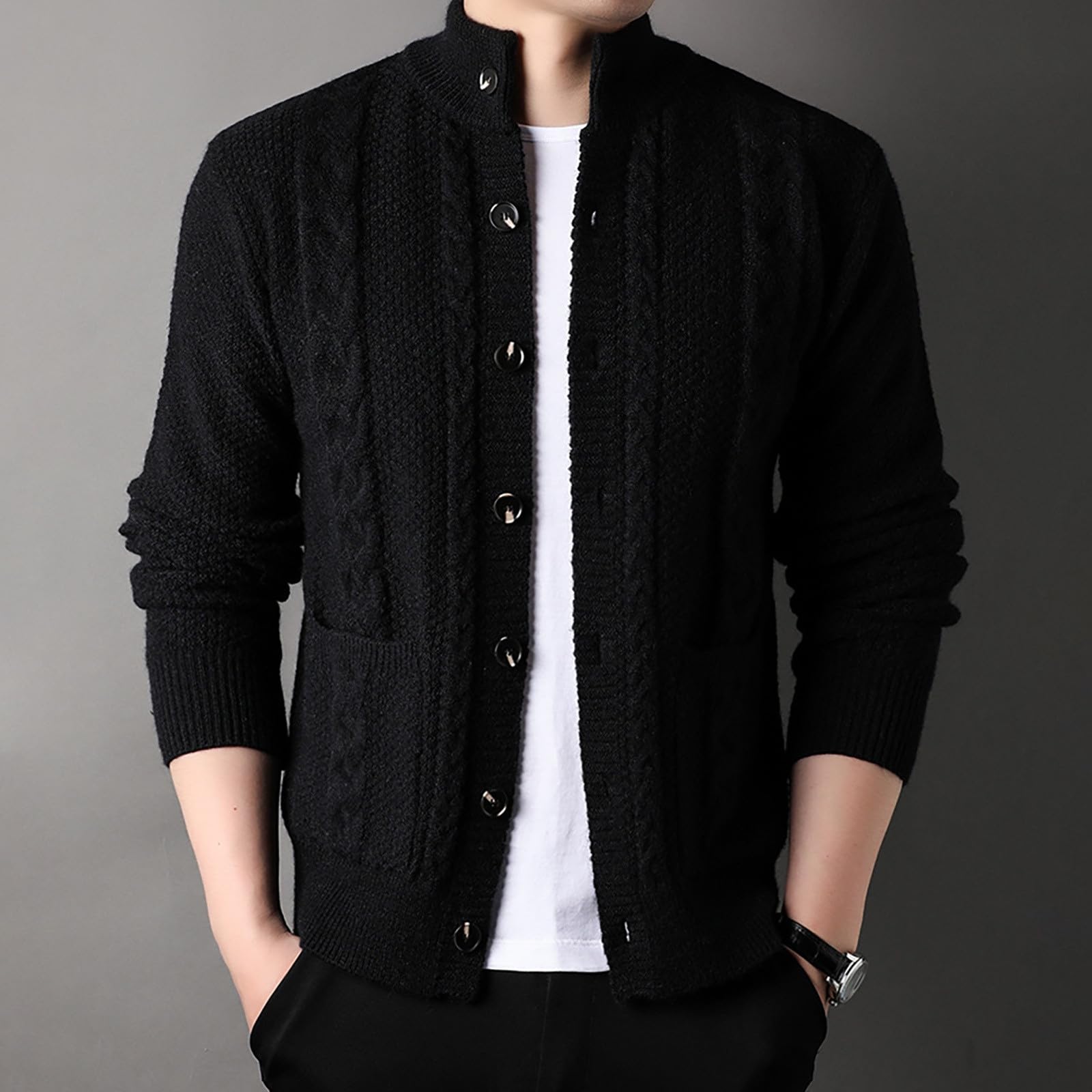 Genérico Cardigan Hombre Punto, Chaqueta Punto Hombre con Cuello Chal Suéter Cuello V Punto Manga Larga Solapa Cuello Abrigo De Punto con Bolsillos para El Ocio Y El Autocultivo