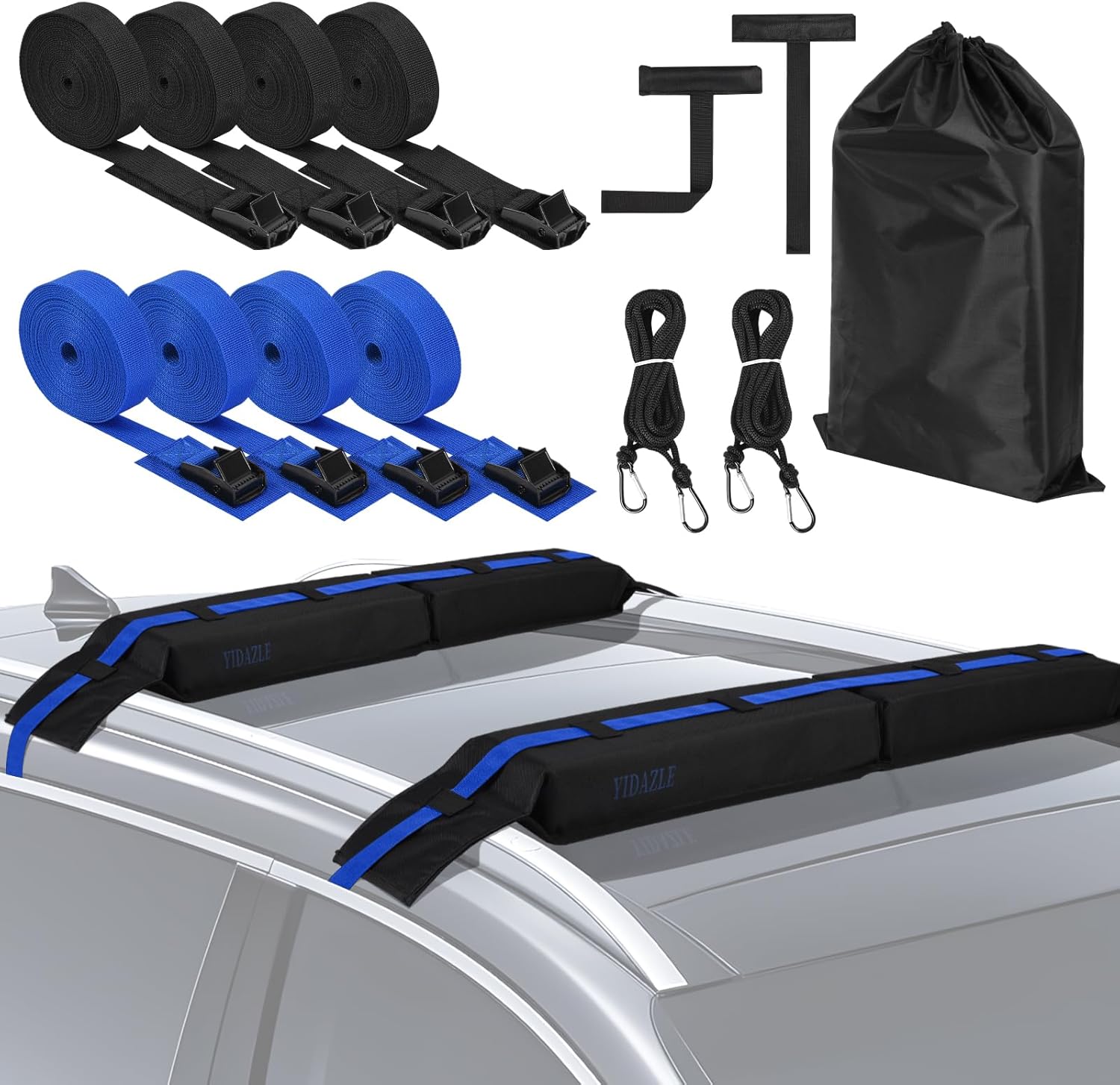 Universal Soft Roof Racks for Kayak, Car Roof Racks System for Surfboard Paddle Board, Heavy-Duty Surf Car Rack with 8 Tie-Down Straps 15FT, 2 Tie-Down Ropes, 2 Quick Loop Straps, Widely Compatible